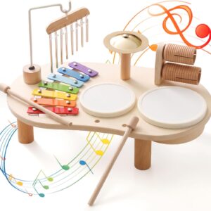 Wooden Drum Kit Baby Musical Toy with Drum, Xylophone and Percussion, Montessori Musical Instruments Gift for Boys and Girls