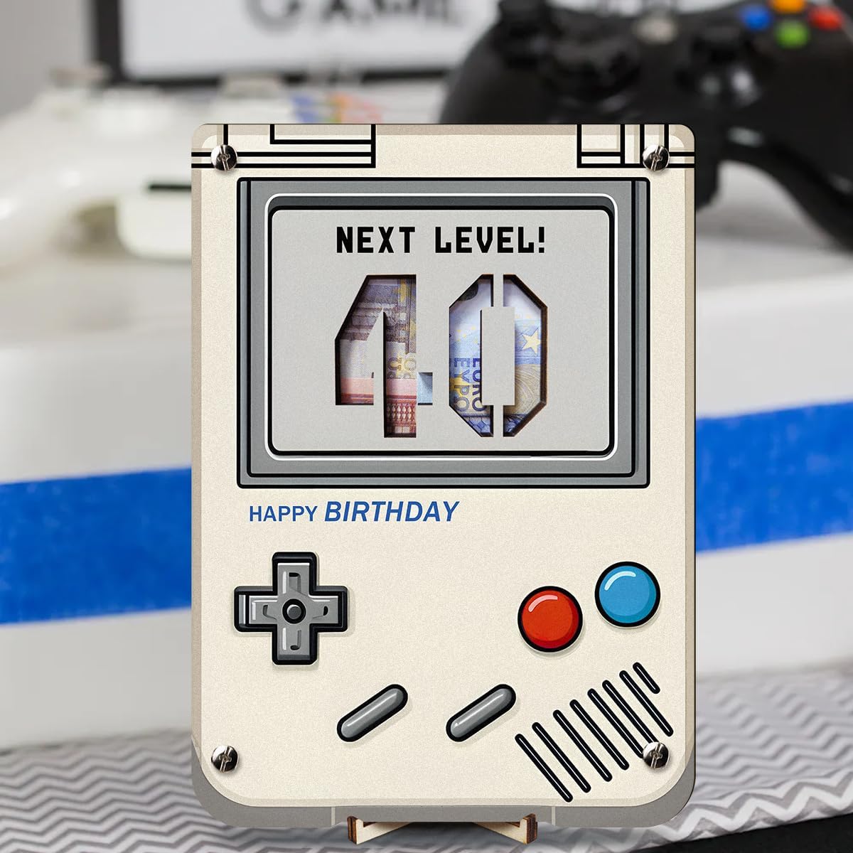 XL 40th Birthday Women Men Money Gifts, 40th Retro Wooden Game Console with Greeting Cards, Funny Games Gift for 40th Birthday Man Woman - Next Level! 40 – Bild 3