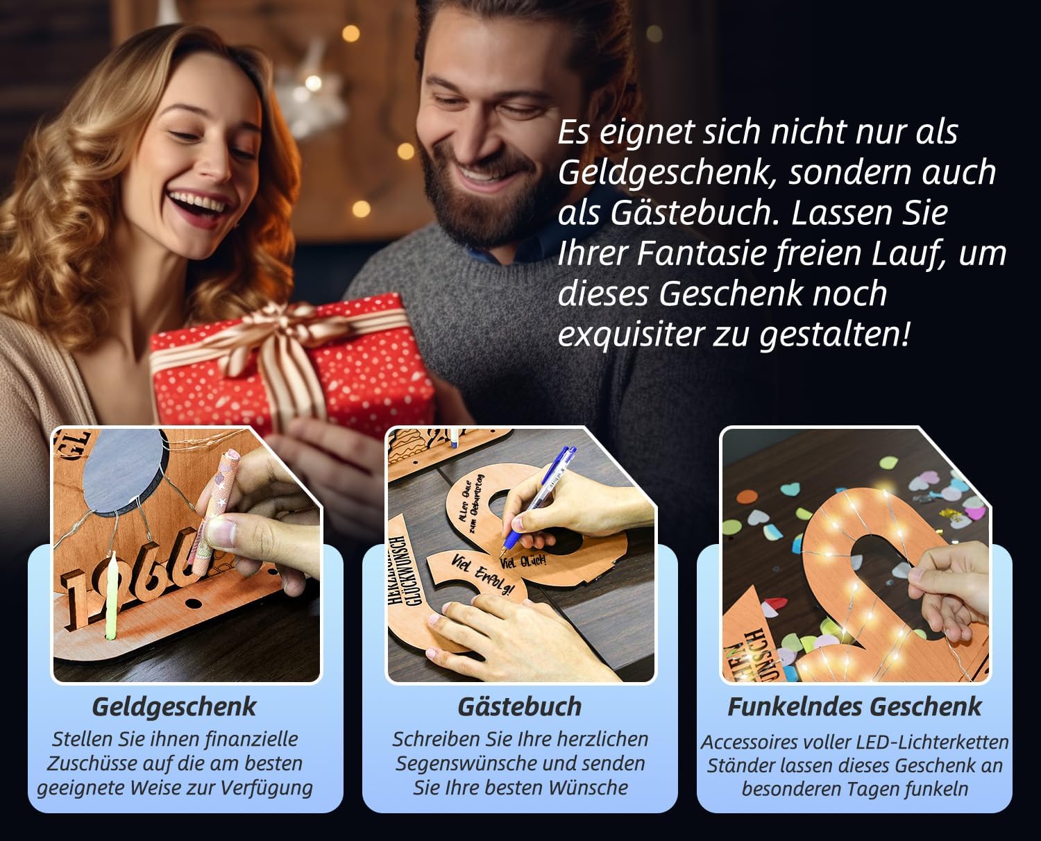 Giftota - 2026 Original 40th Birthday Gift Women & Men - 40th Ruby Wedding - Money Gifts 40 with LED Fairy Lights Stand - Wooden Sign Guest Book - 40th Birthday Decoration - Wedding Gifts – Bild 3