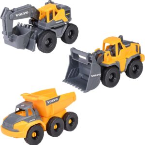 Dickie Toys Volvo Construction Set (16 cm each) - 3 Construction Vehicles for Children with Excavator Toy, Wheel Loader & Dump Truck, with Freewheel from 3 Years - 203722015