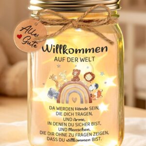 Gift Birth LED Bottle Light, Baby Gifts for Birth Boy Girl, Rainbow Animals Light Bottle Money Gifts Packaging with Card, Personalised Gifts Baby