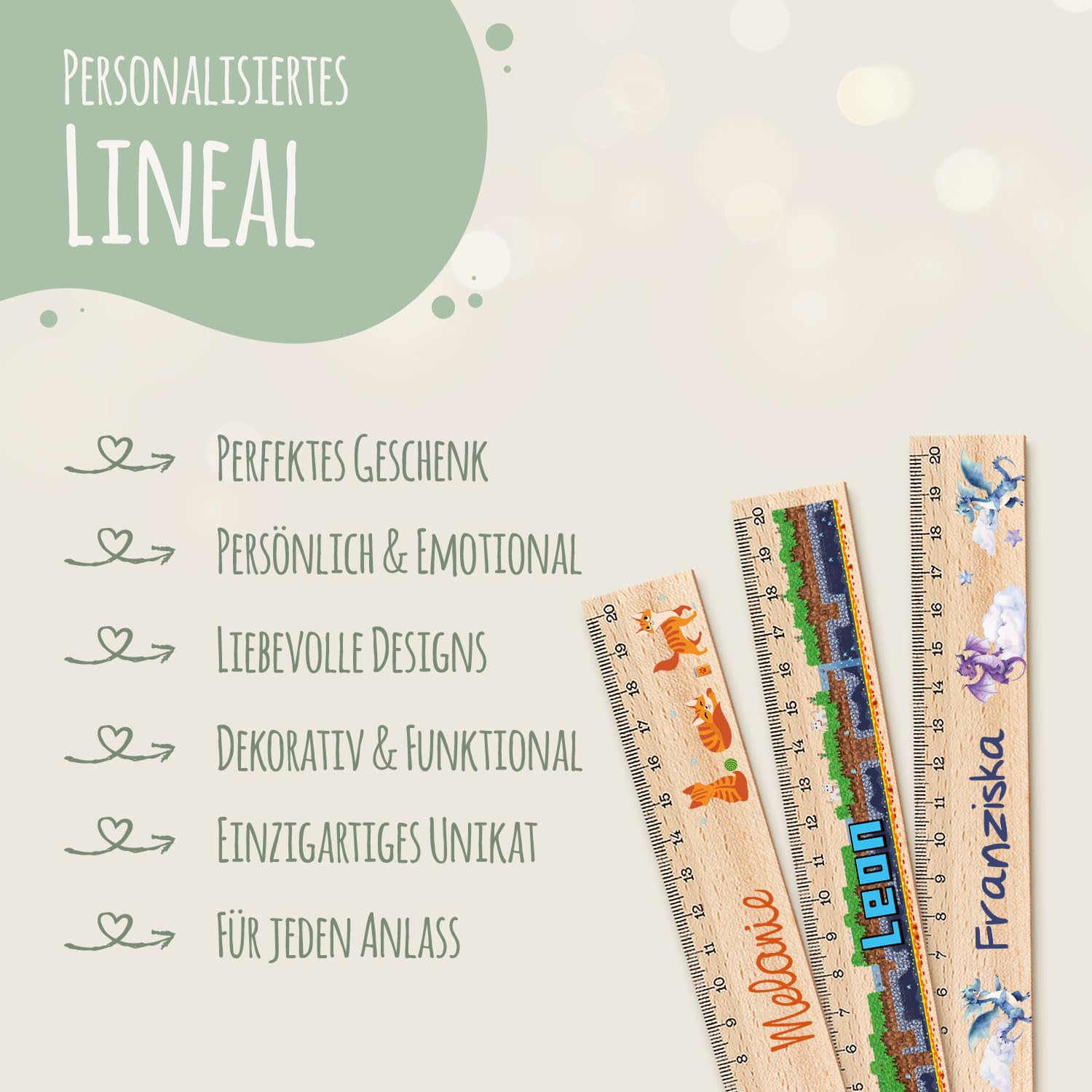 GRAVURZEILE Personalised Ruler for First Day of School 2026 in Various Designs with Name and Motif - 20 cm Wooden Ruler - Gift for Back to School or First Day at School - for Boys and Girls – Bild 6