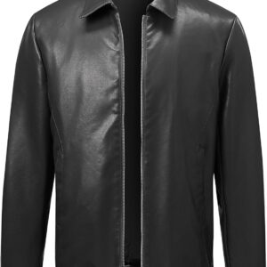 Allthemen Men's Leather Jacket with Lapel Collar Transition Jacket Elegant Regular Leather Bomber Jacket Business Casual