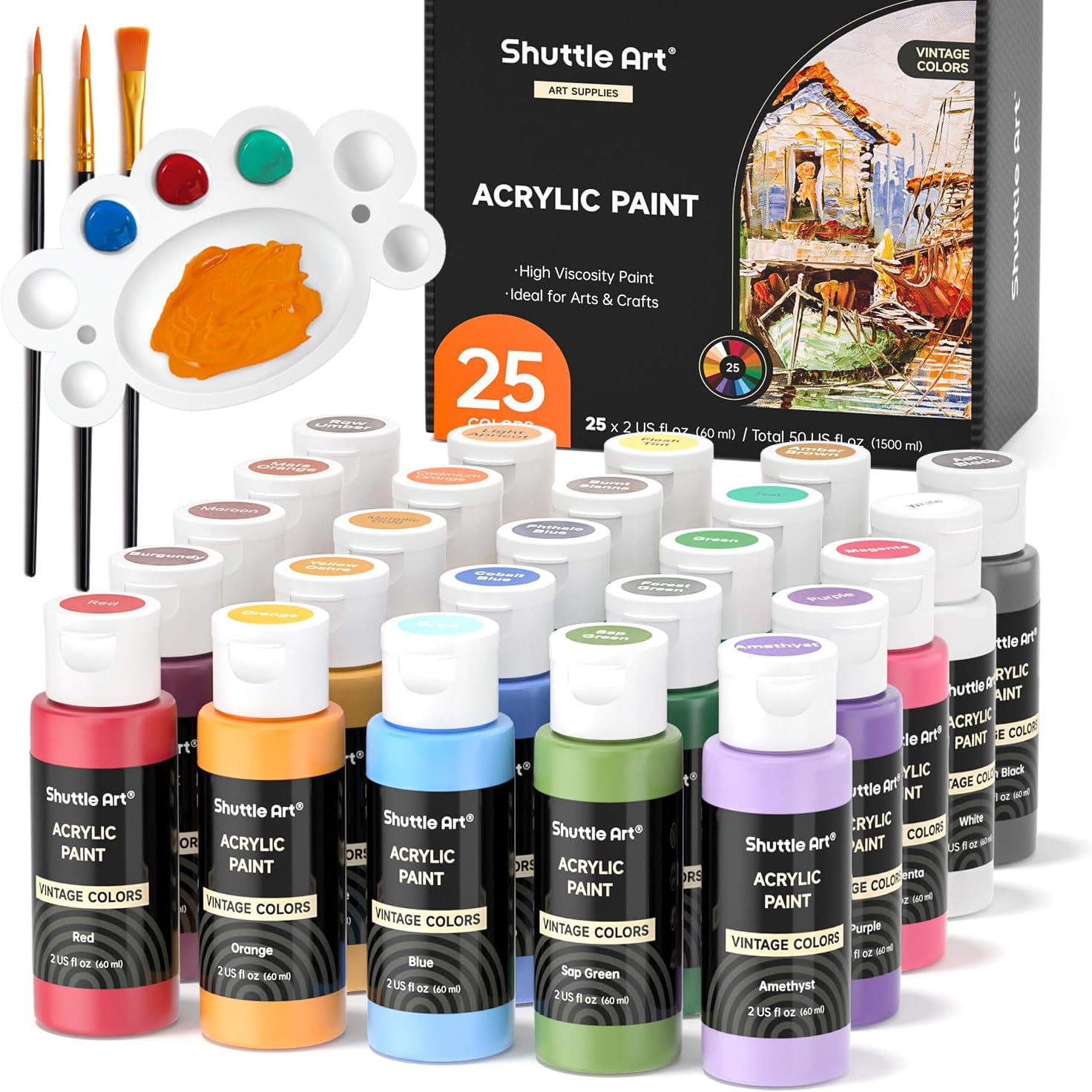 Shuttle Art 25 Vintage Acrylic Paint Set (60 ml Each) with Brush Set and 1