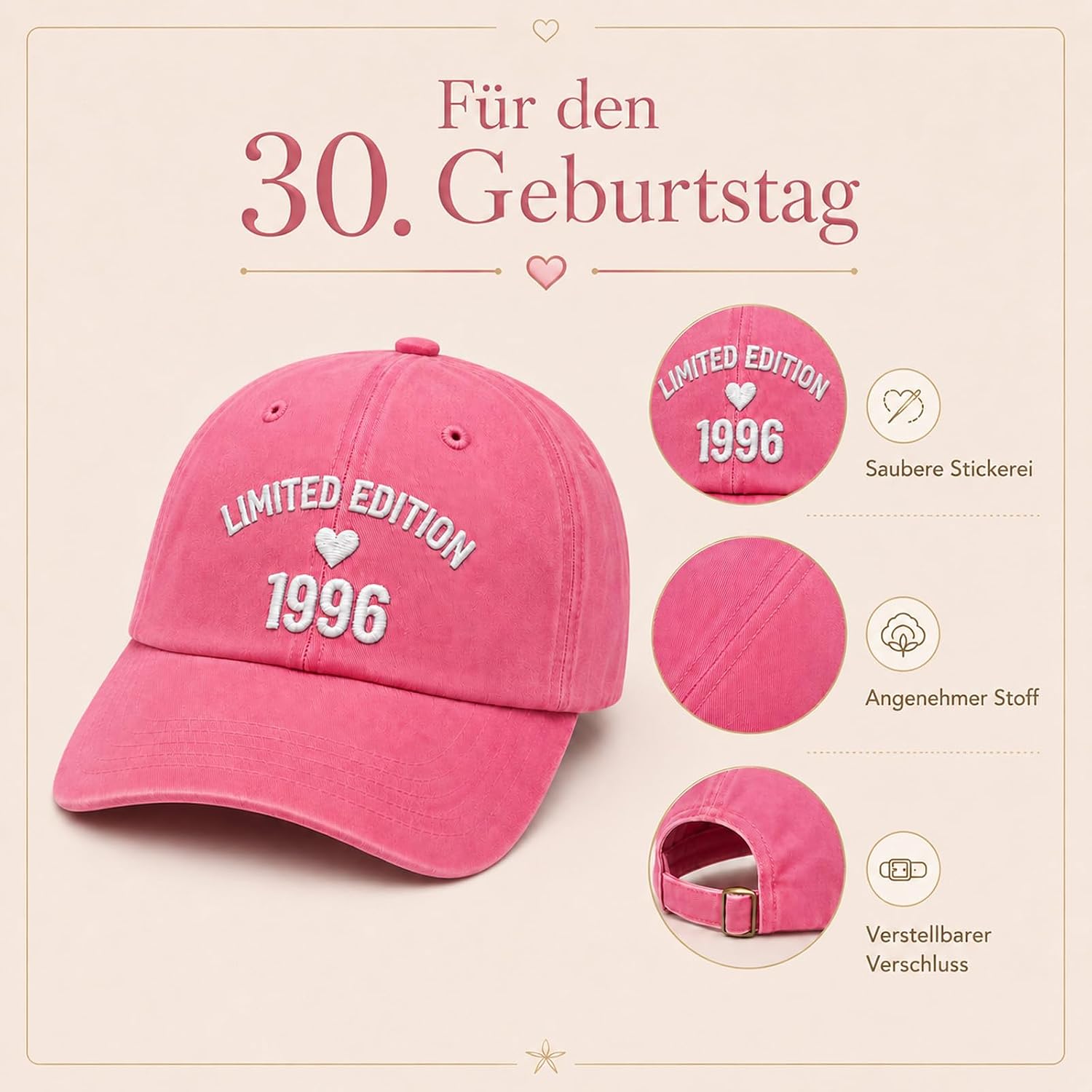 Limited Edition 1996 Baseball Cap - Gift 30th Birthday Women – Bild 3