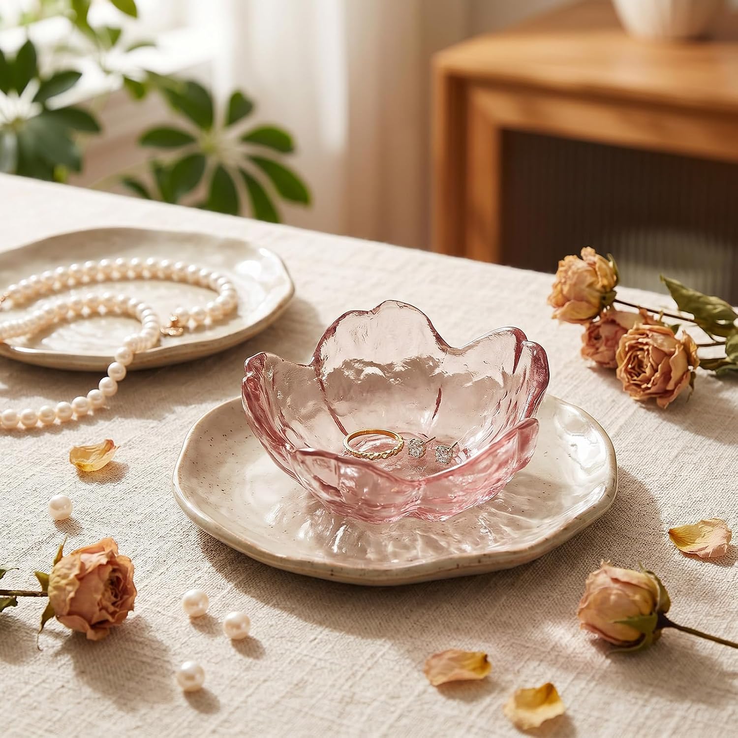 Bremorou Jewellery Tray with Pink Flower Jewellery Tray Cute Dressing Table Organiser Ring Holder Jewellery Tray for Aesthetic Room Decoration Bedside Table (8 x 8 x 3.5 cm) – Bild 5