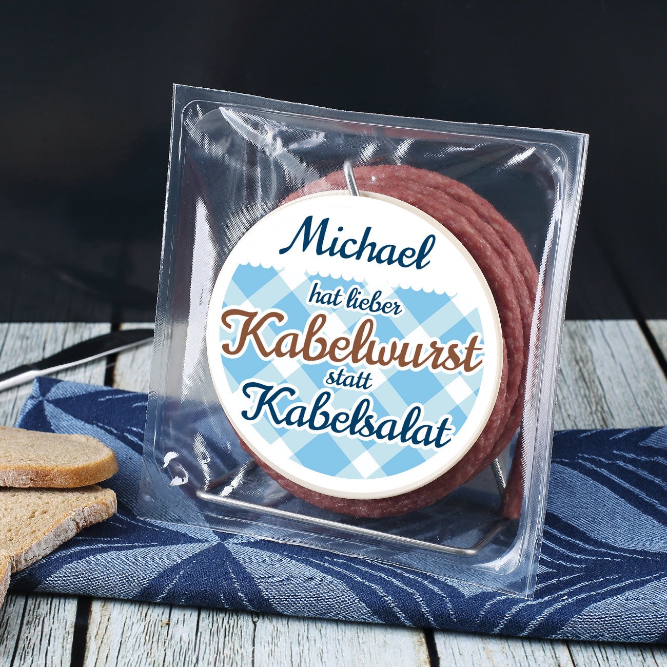 Herz & Heim 3.5 Metre Salami Snack on Cable Reel - with Name on Label - Gift Idea for Craftsmen and DIY Enthusiasts – Bild 2