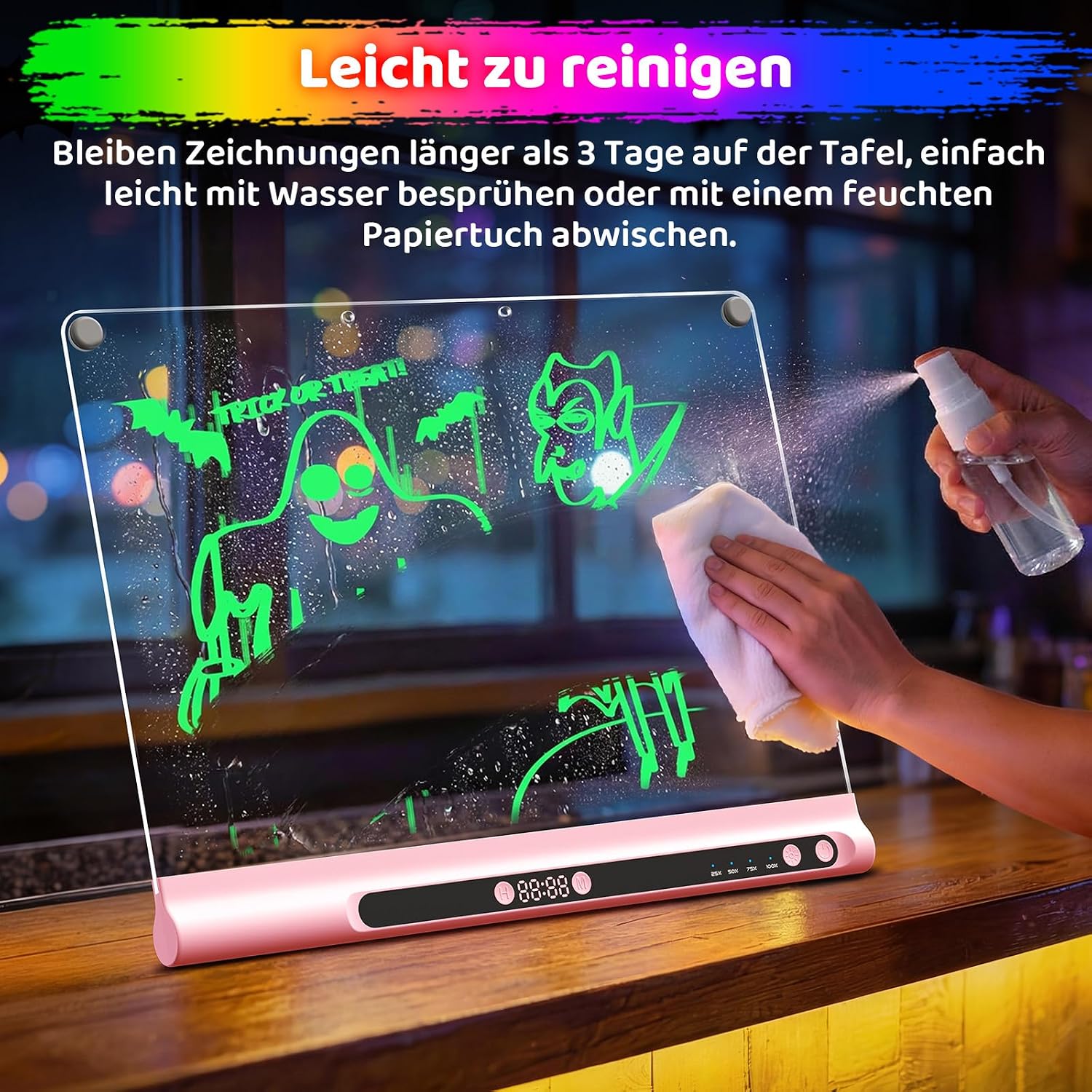 Geokay LED Drawing Board for Children, Rechargeable LED Painting Board 41 cm, 9 Light Modes with Timer & Stand, LED Drawing Board for Girls & Boys, 8 Pens & Template Book, Pink – Bild 4