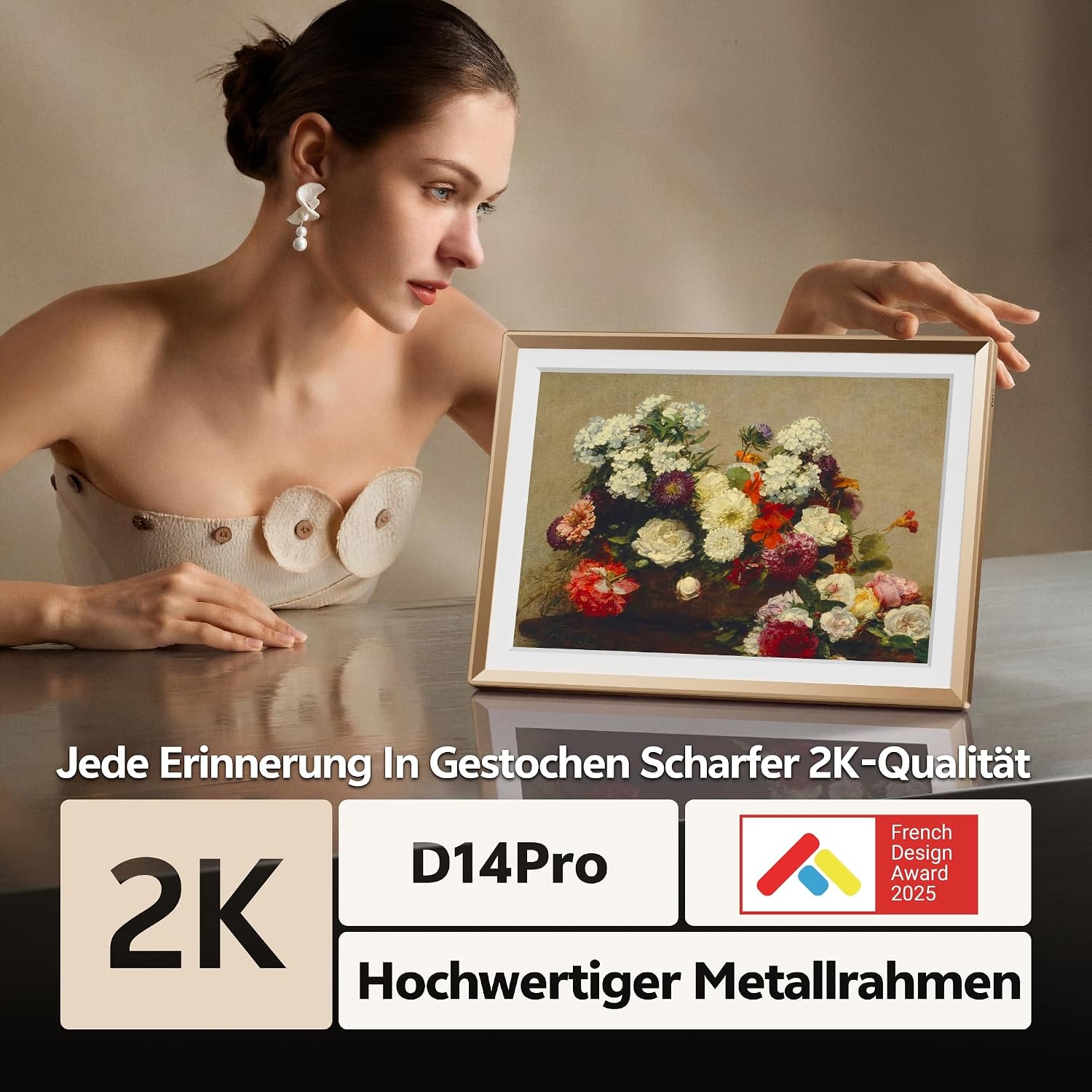 ARZOPA 14 Inch 2K QHD Metal Digital Picture Frame Subscription Free Cloud Storage Unlimited Photos & Videos via App Sharing Touchscreen Electronic Picture Frame Gift for Family - Golden – Bild 2