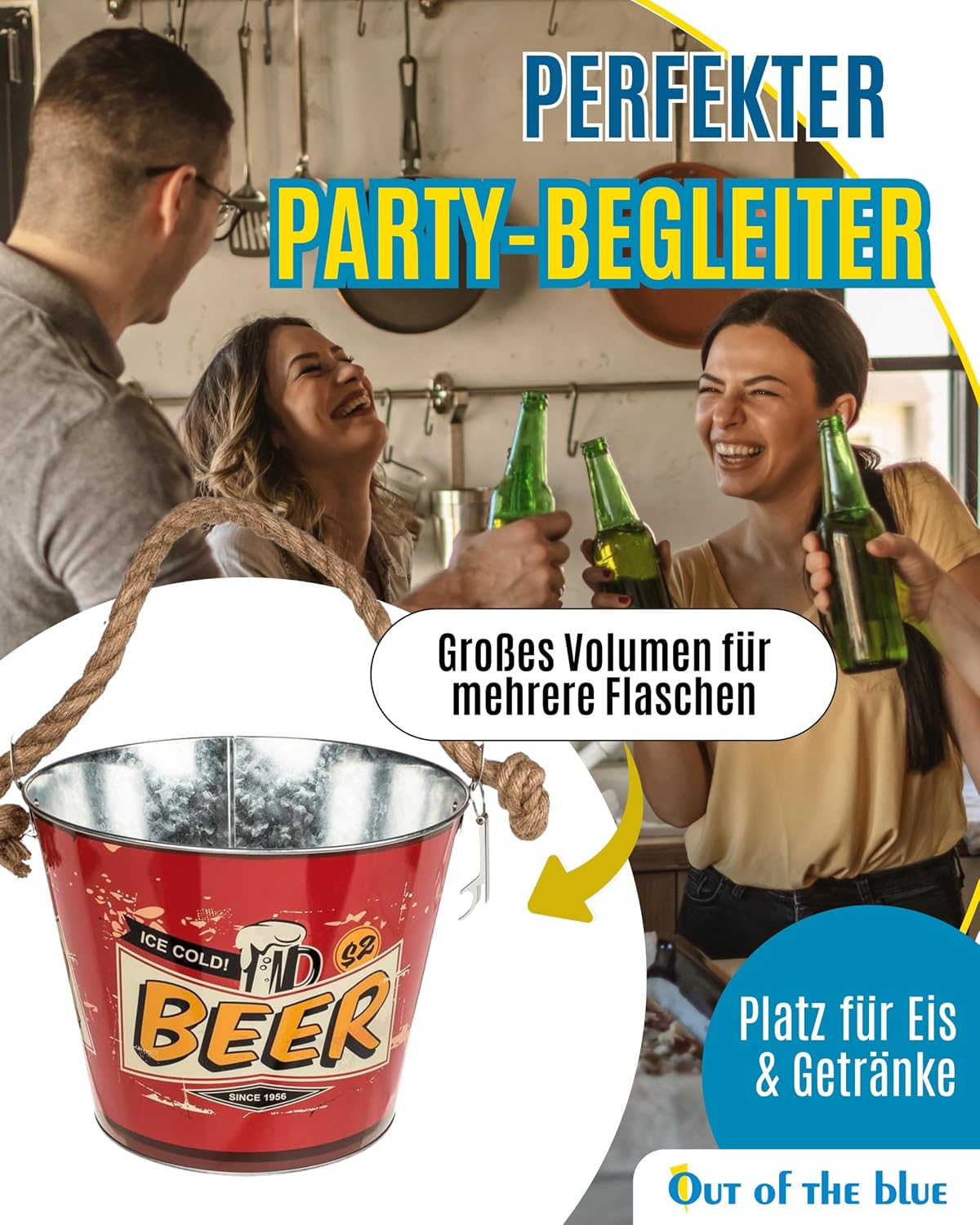Out of the blue Metal Beer Bucket with Bottle Opener - Beer Cooler & Ice Bucket in Retro Design for Parties, Garden & Barbecues - Decoration & Gift Idea for Men – Bild 3