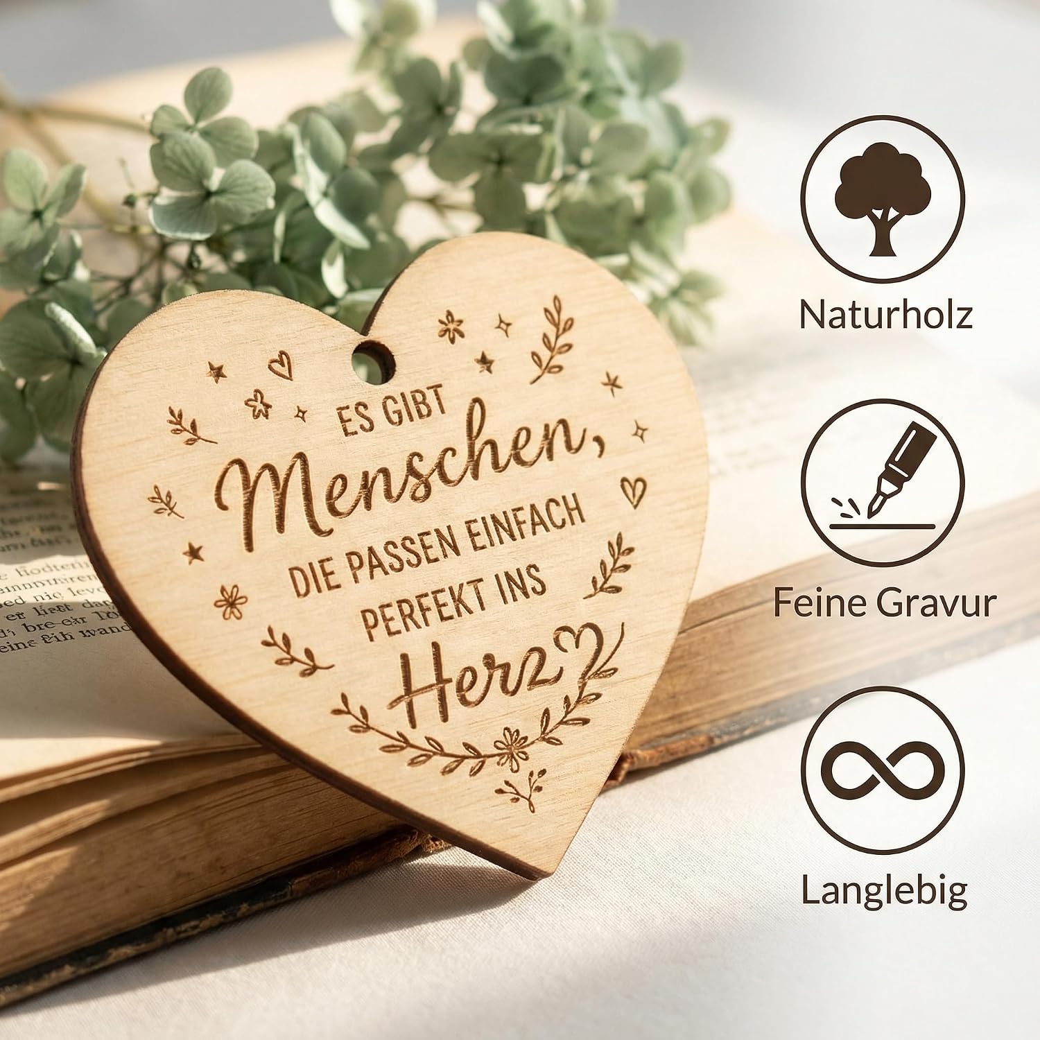 Gift Girlfriend - Gift Box with Heart Keyring Rose Quartz, Wooden Card & Lucky Charm - Personal Thank You Gift for Best Friend, Maid of Honour, Colleague, Birthday & Valentine's Day – Bild 3