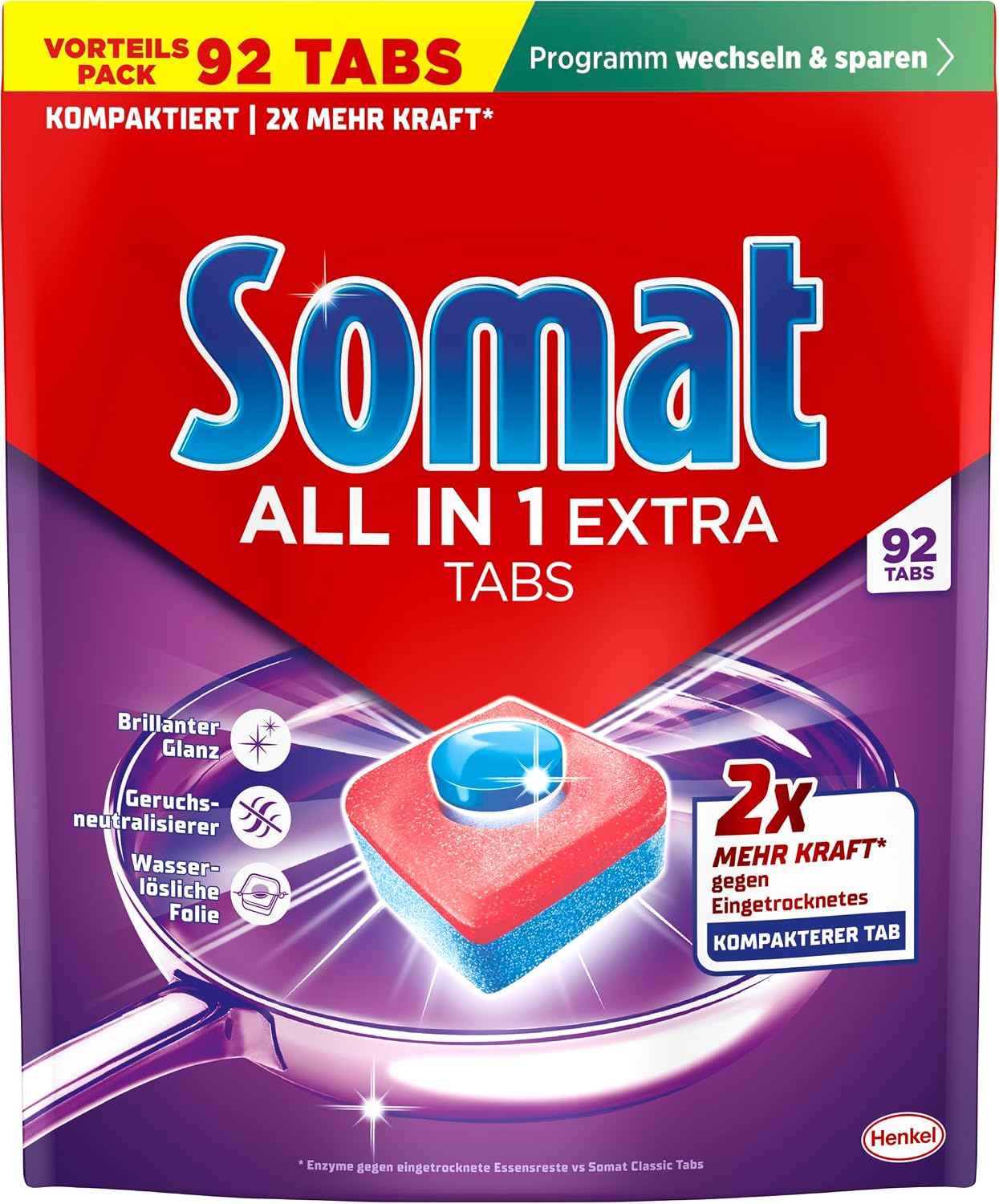 Somat All in 1 Extra Dishwasher Tablets (4 x 92 AW), Dishwasher Tablets for Radiantly Clean Dishes, Even in Low Temperature, Short & Eco Programs, Removes Crusted Items, Provides Brilliant Shine – Bild 2