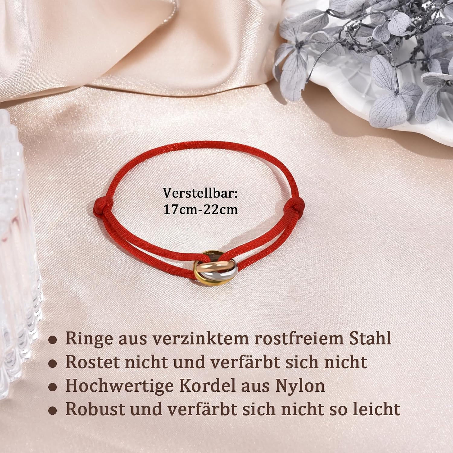 QianSiLi Three Tone Red Lucky Bracelet with Ring Bracelet for Men and Women Adjustable Stainless Steel – Bild 4
