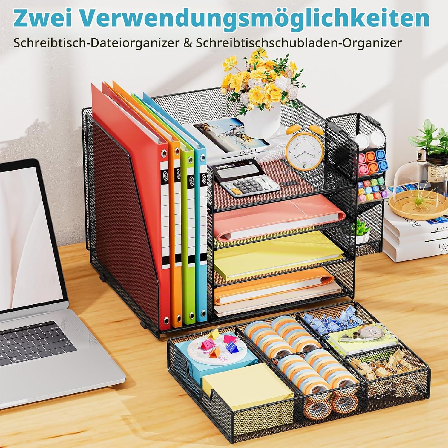 Marbrasse Desk Organiser with File Holder, 4-Tier Letter Tray Storage Compartments, Compartment Drawers, Hanging Pen Holder, Mesh Desk Paper Shelf for Home, Office, Supplies, Document Tray (Black) – Bild 4