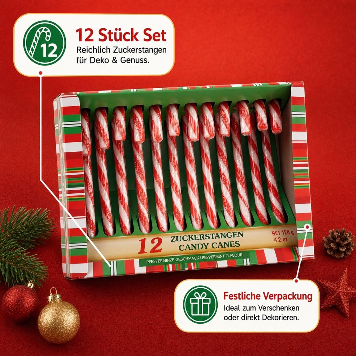 MC-Trend Candy Canes Pack of 12 - Edible Christmas Decorations with Peppermint Flavour, Ideal as Tree Decorations and Festive Candy for Christmas (Set of 12) – Bild 6
