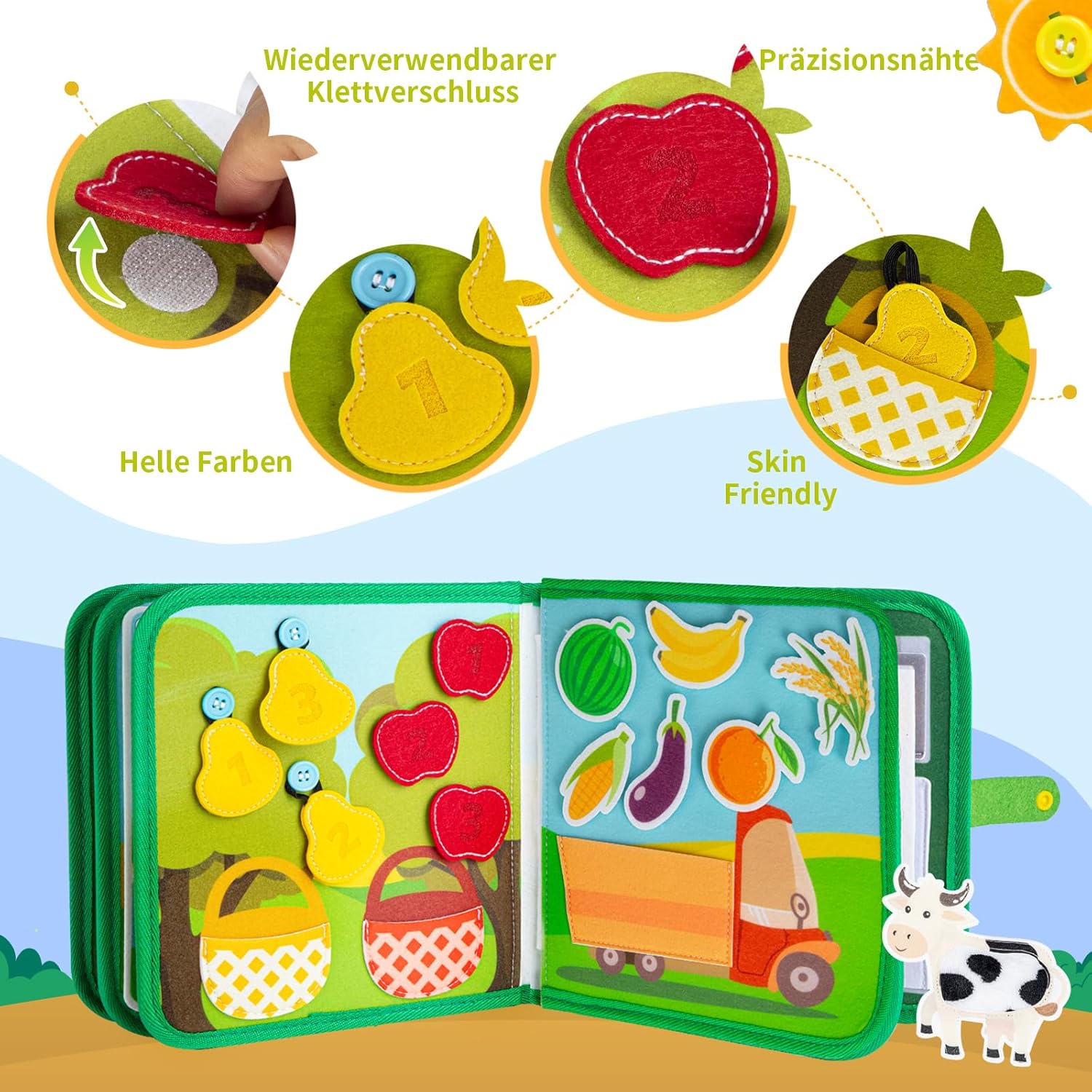 Quanquer Montessori Busy Board German Toy from 1 2 3 4 Years - Farm Book for Early Education Car & Plane Drives - Birthday Holiday Easter Children's Day Gifts for Toddlers – Bild 2