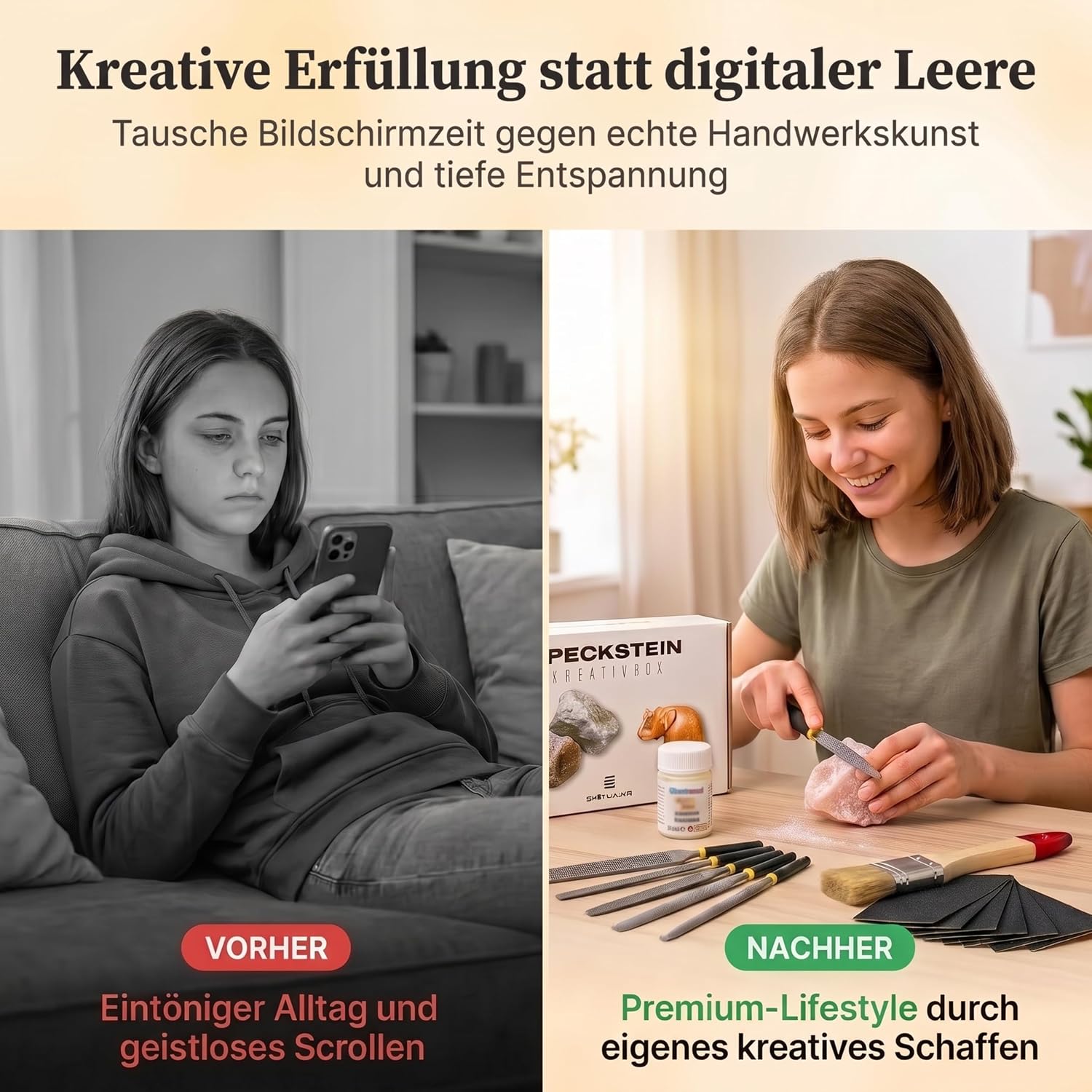Sheflajor Soapstone Set Including Amulet & Polishing Wax Made in Germany - Creative Carving Set for Beginners & Advanced Users - 100% Asbestos Free - Promotes Concentration, Creativity and Stress – Bild 4