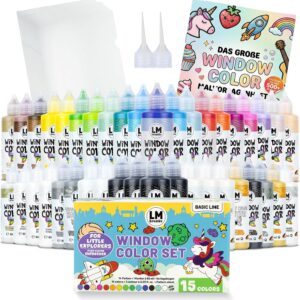 LM-Kreativ Window Colour XXL Set of 40 Colour Mix with Contours, 1 Bonus Sets, 10 Special Films, Template Book with Over 500 Designs and Accessories for Window Paints on Glass and Mirror