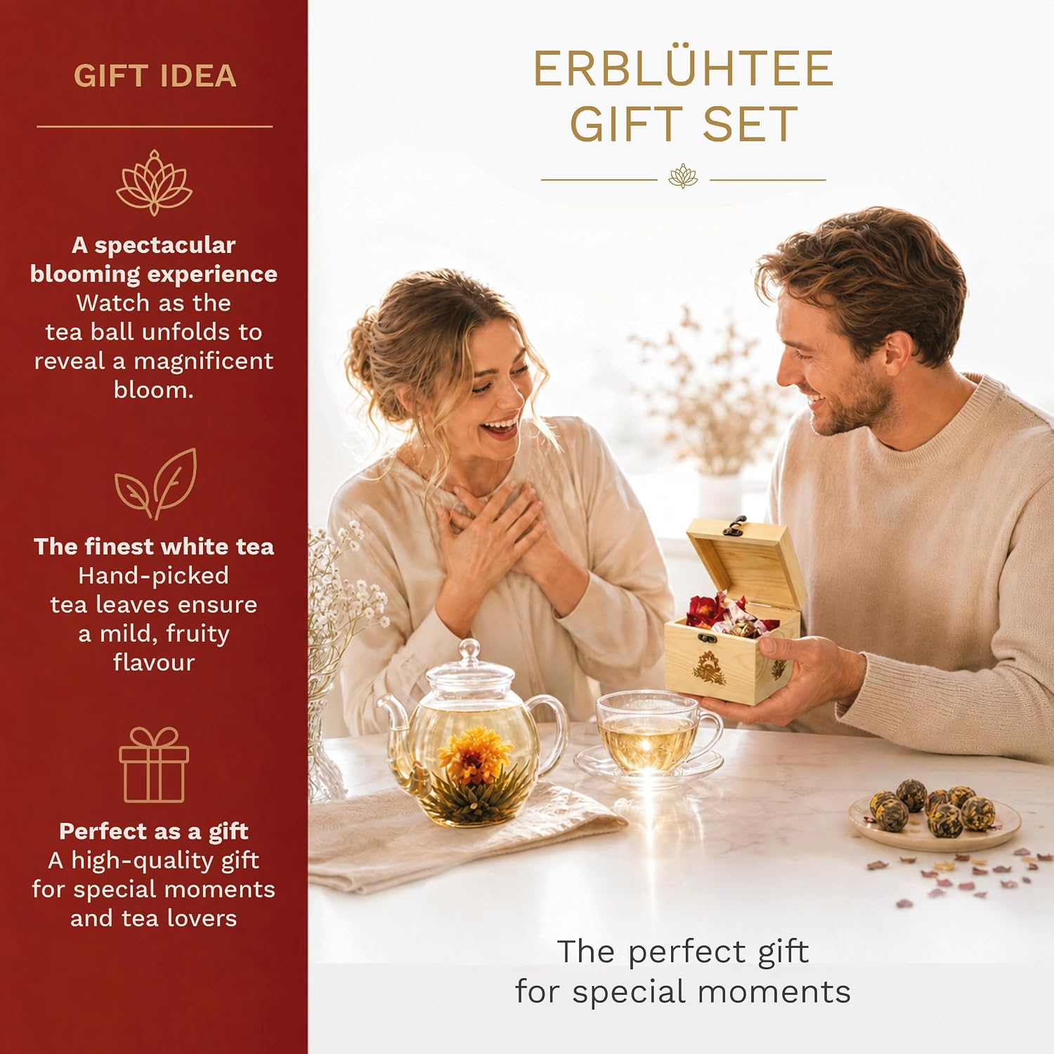 Creano ErblühTee Wooden Decorative Box, Tea Flowers Mix Gift Set with 6 Tea Roses, White Tea in Elegant Tea Box – Bild 6