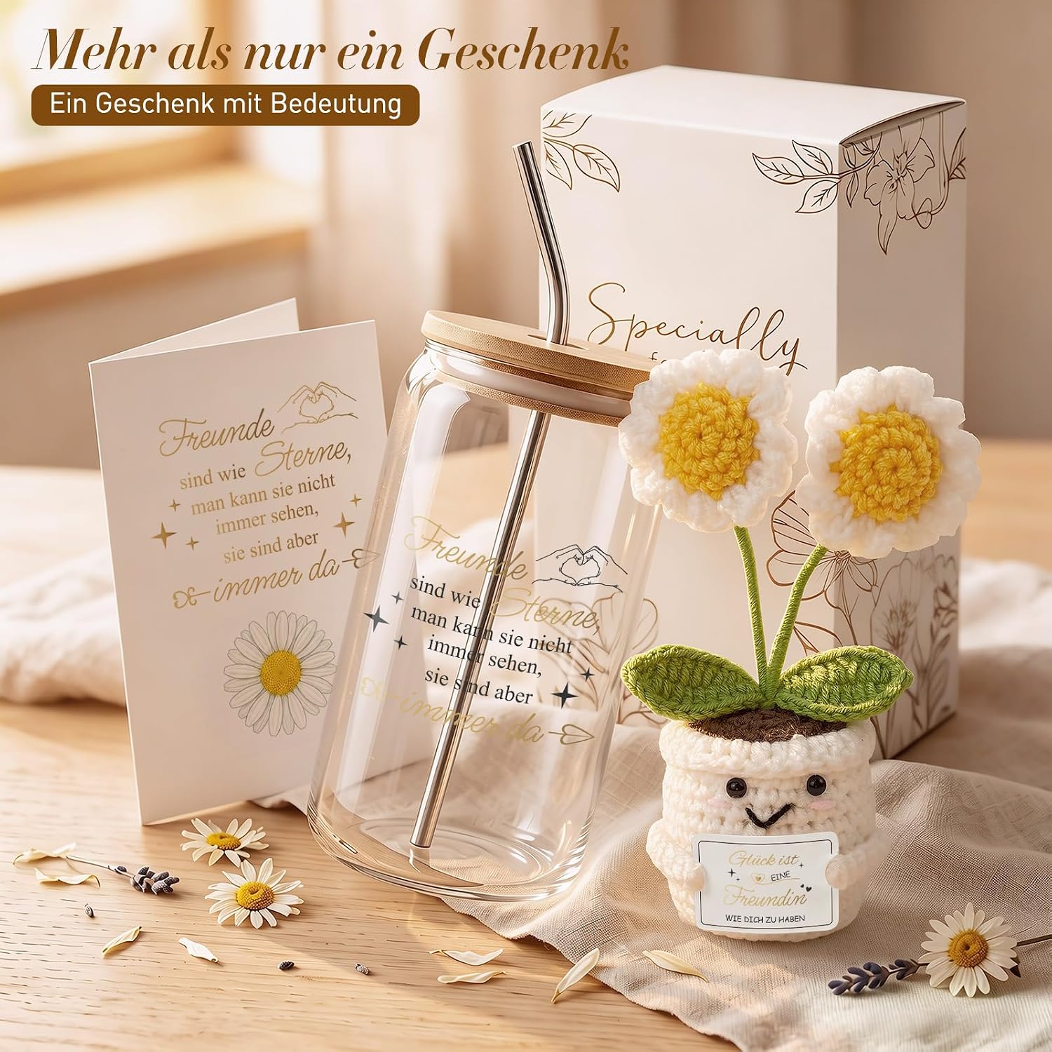 Gift Set for Women - 500 ml Glass Drinking Cup with Crochet Flower, Greeting Card & Gift Box - Loving Gift for Girlfriend & Memorable Surprise – Bild 2