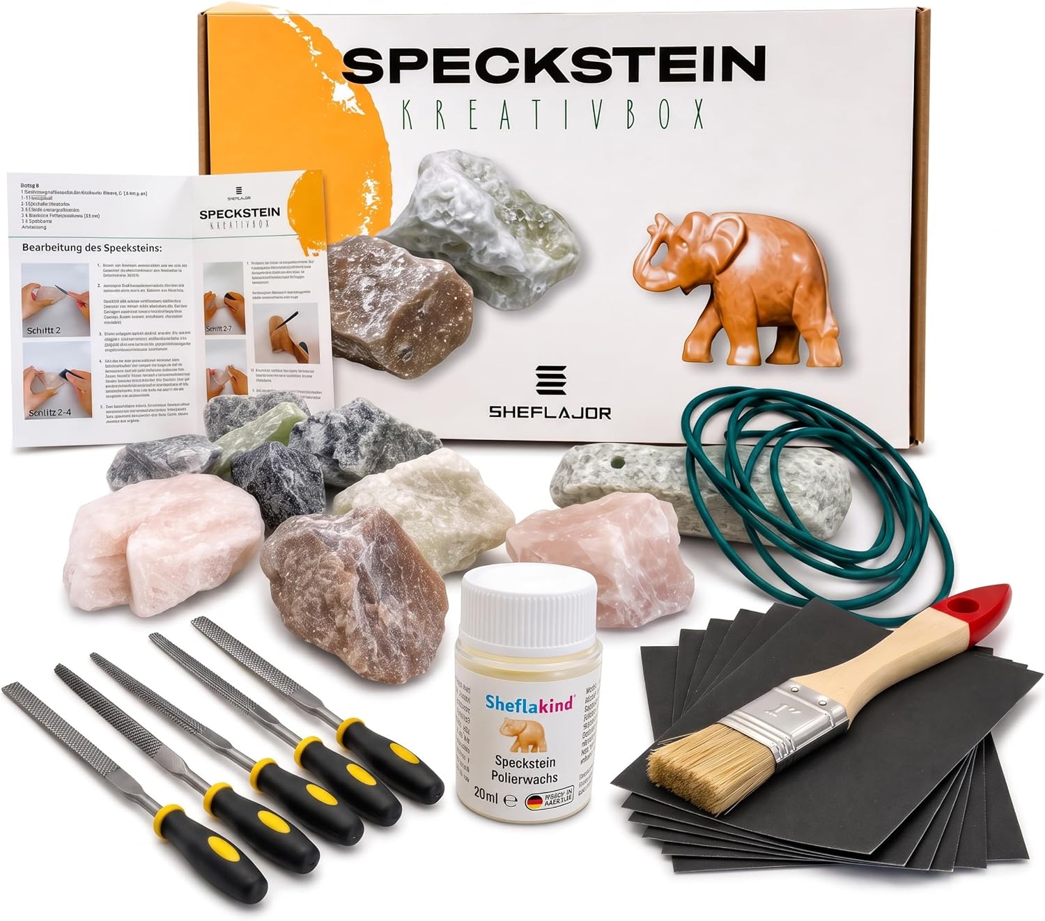 Sheflajor Soapstone Set Including Amulet & Polishing Wax Made in Germany - Creative Carving Set for Beginners & Advanced Users - 100% Asbestos Free - Promotes Concentration, Creativity and Stress