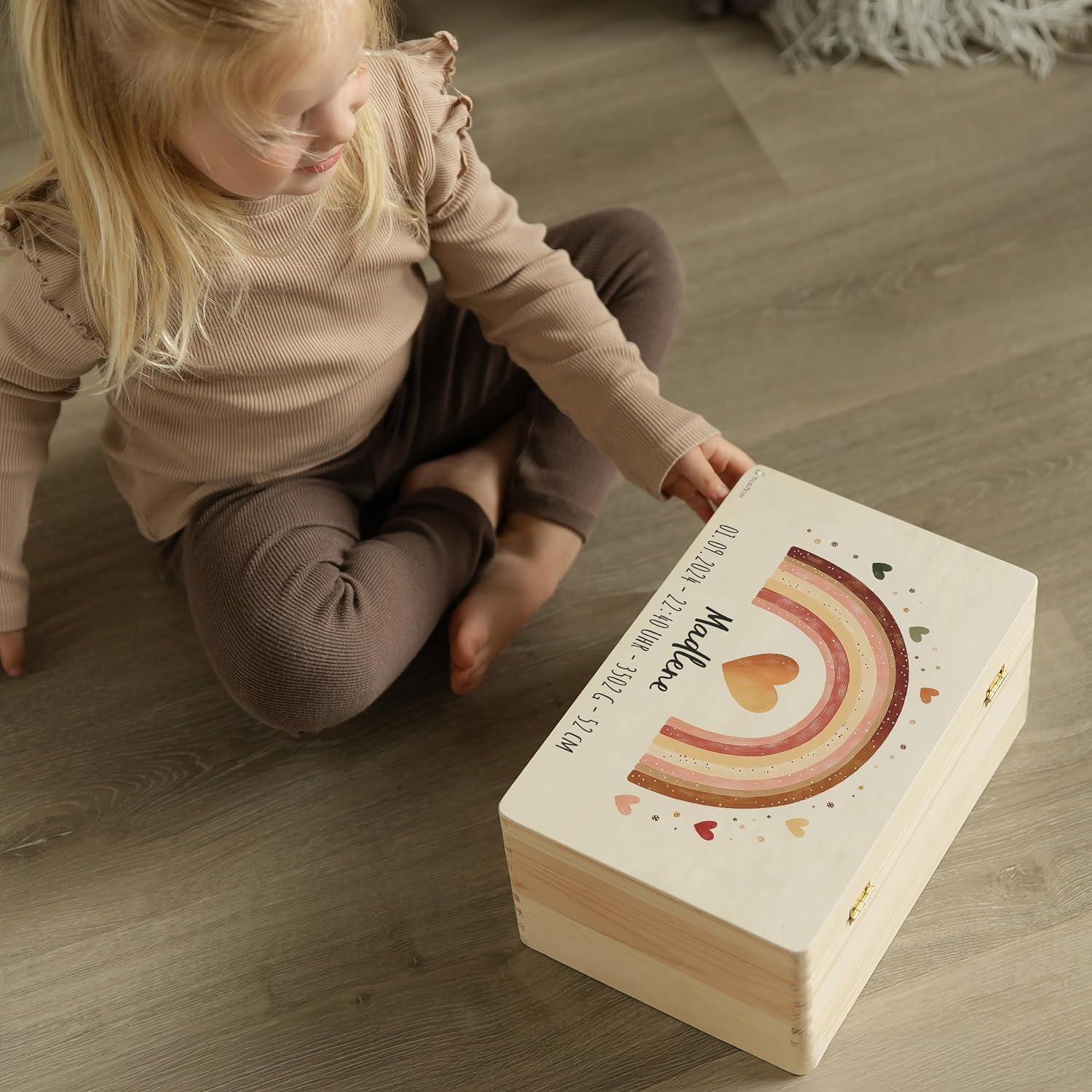 Baby Keepsake Box Wooden Box Personalised – 30 x 20 x 14 cm – Boho Rainbow – Bild 7
