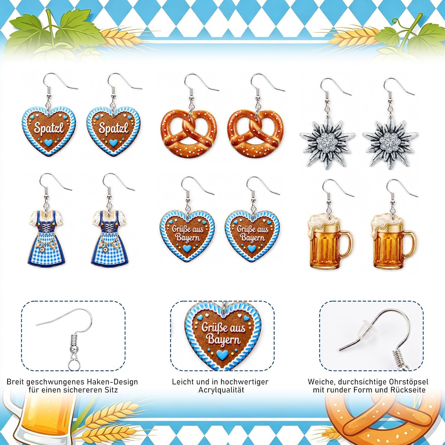 Oktoberfest Decorative Accessories 6 Pairs of Earrings Oktoberfest – Bild 3