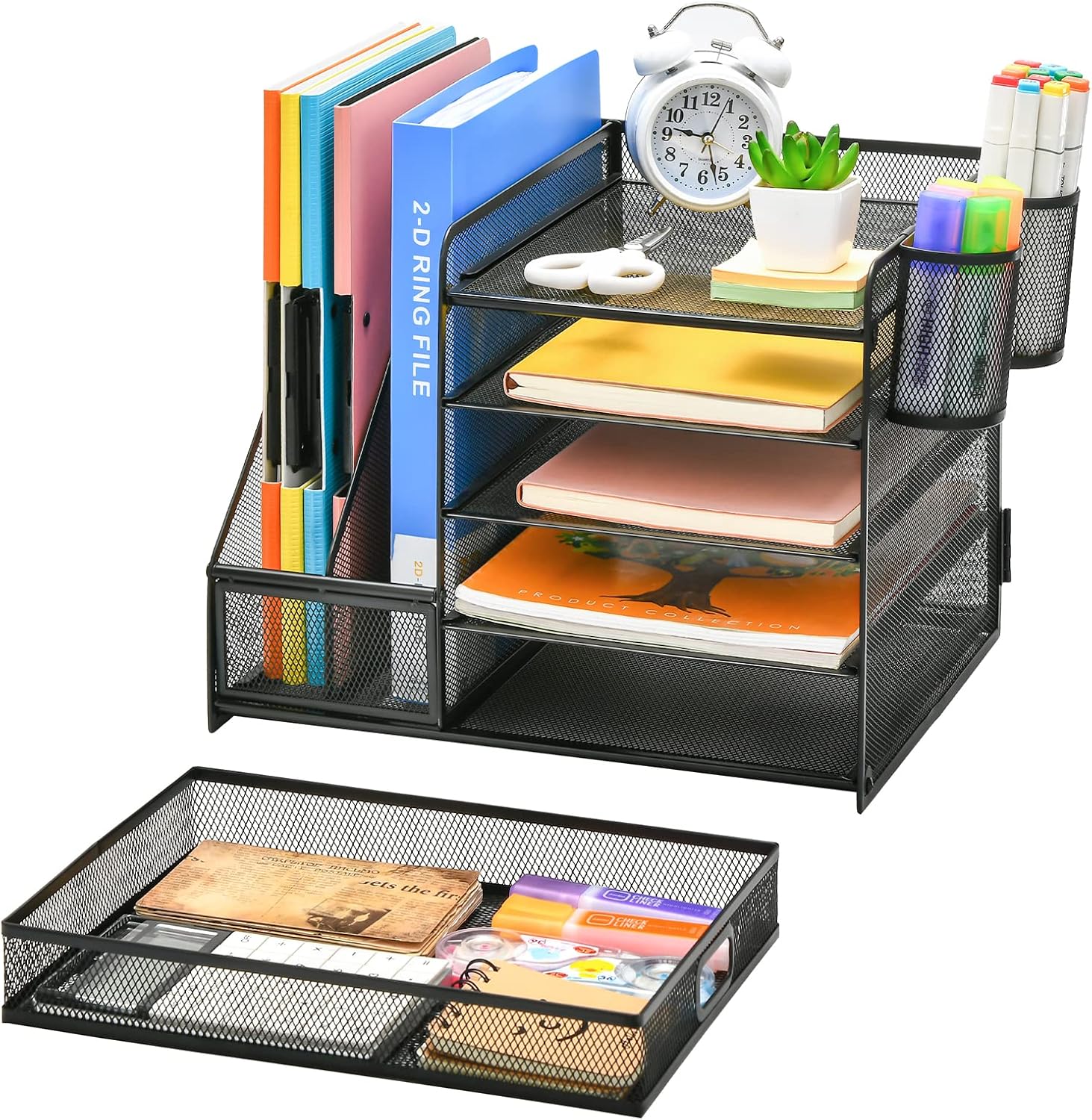 Marbrasse Desk Organiser with File Holder, 5 Tier Paper Letter Tray with Drawer and 2 Pen Holders, Desk Mesh Storage Compartments Organiser with for Office Supplies (Black) – Bild 2