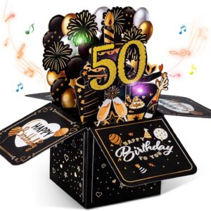 joyoldelf 50th Birthday Card with Music – 50th Birthday Pop Up Card with Lights and Interactive Candles, Gift Birthday Cards for Women and Men, 3D Greeting Card Birthday Gift