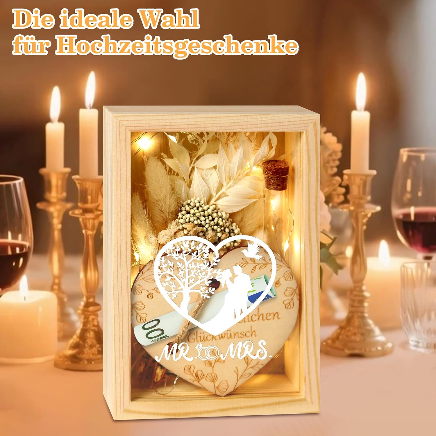 Wedding Gifts for Newlyweds, Money Gift, Wedding, Love, Romantic Gift for Her, Wedding Gifts, Dried Flowers, Wooden Box, Fairy Lights, Greeting Card, Glass Bottle, Wedding Anniversary – Bild 2