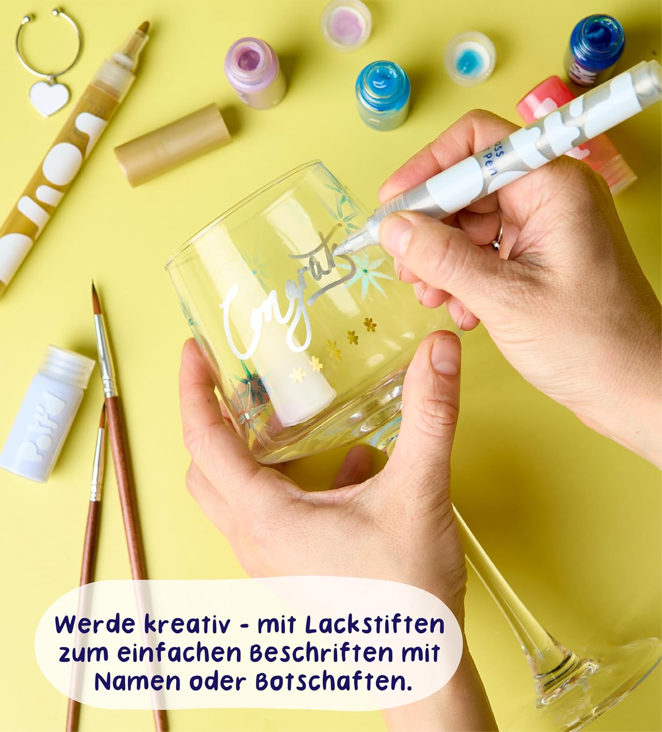 Pott'd Paintables Paint Wine Glasses - DIY Glasses Painting Set for Adults with Wine Glasses, Enamel Paints, Brushes, Pens and Pendants - Craft Kit for Beginners – Bild 2