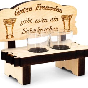 sagl.tirol Wooden Shot Bench with Engraving and Shot Glasses [100% Natural] Funny Gift Idea I Gifts for Men I Birthday Gift for Men (Set of 2 Schnapps Bench Good Friends)
