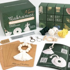 Macrame Advent Calendar, Material and Tool for 24 Decorative Knotting Projects, Macrame Christmas Gift Set, Includes Yarn, Wooden Ring, Fringe Comb, Key Ring and Instructions Book