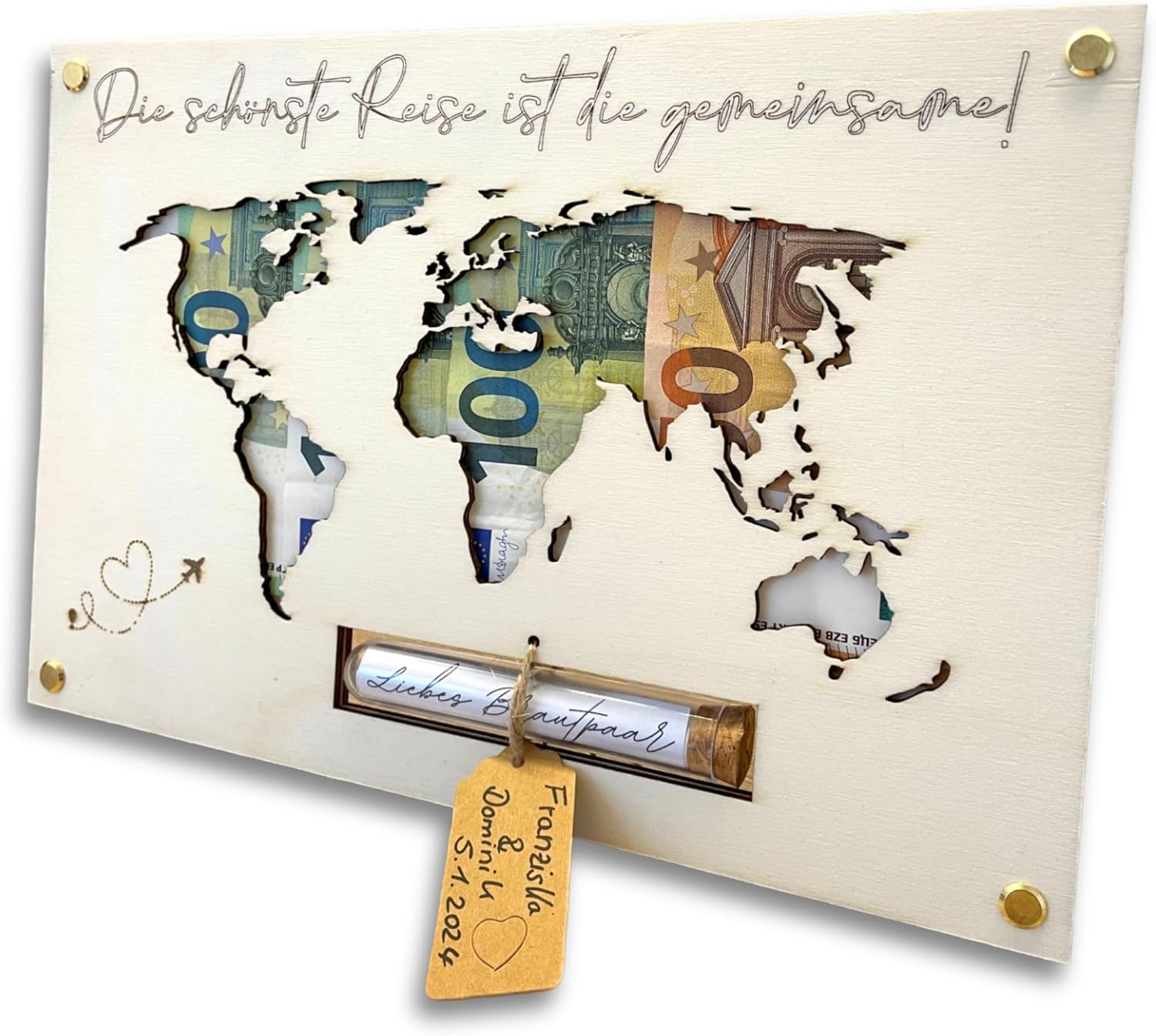Money Gift Wedding World Map Wood | Great Wedding Gift for Bride and Groom | Couple Gift | Wedding Money Gift | Honeymoon Gift | Personalised in Test Tube