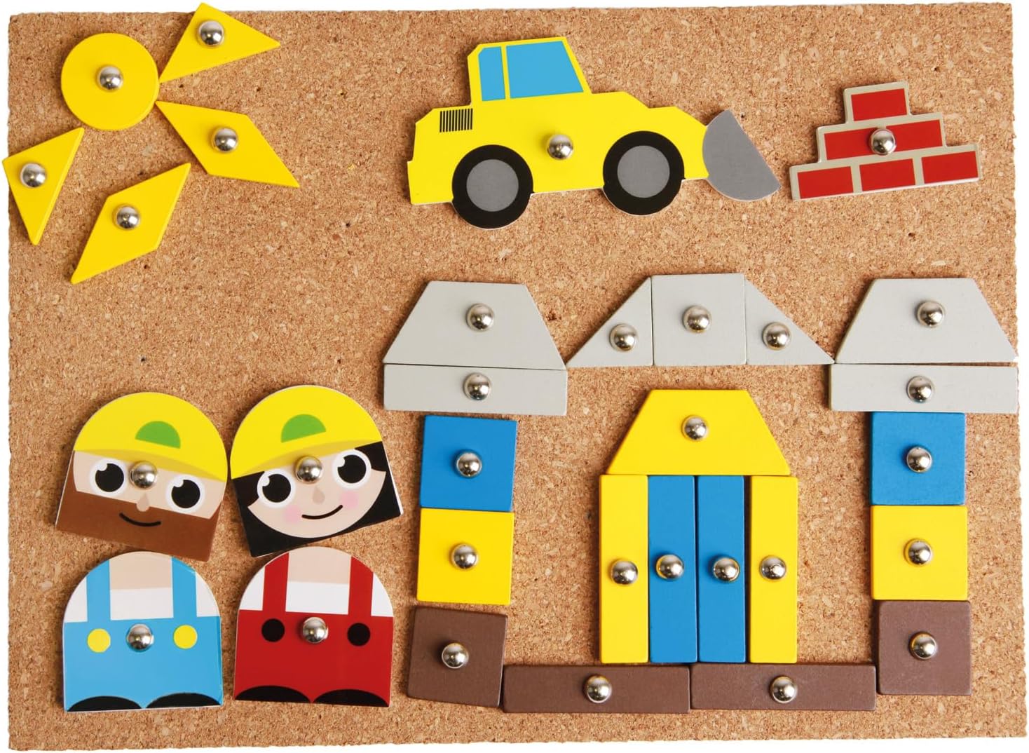 Lena 65828 Hammering Game, Building Site Game, Nail Game with 64 Pieces in 7 Shapes and 8 Building Site Parts, Cork Base Plate, Approx. 28 x 19.5 cm, hammer and nails, hammering game for children over 3 years – Bild 11