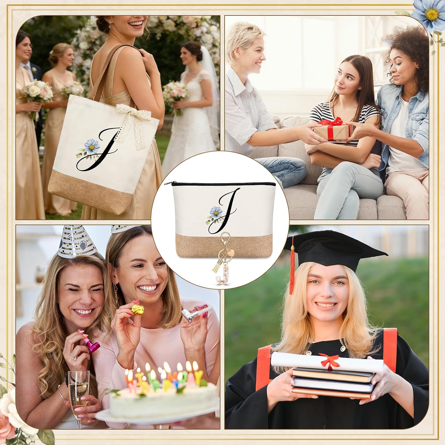 Hestya Gifts with Initials Bag with Initials Cosmetic Bag Personalised Design Letters Cup Keyring Lace Ribbon Card Birthday Gifts for Women Wife Mother – Bild 2