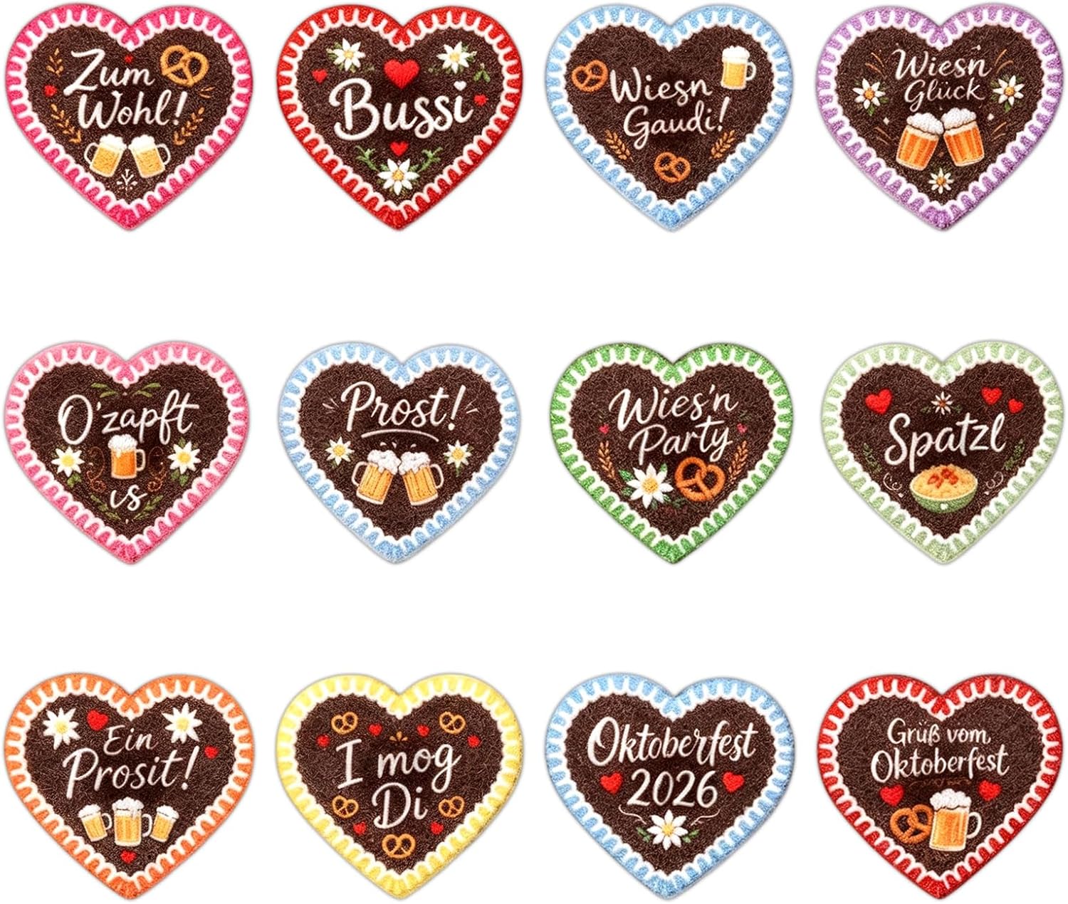 Pack of 12 Gingerbread Hearts Oktoberfest Badge Pin Heart Felt O'Zapft Is