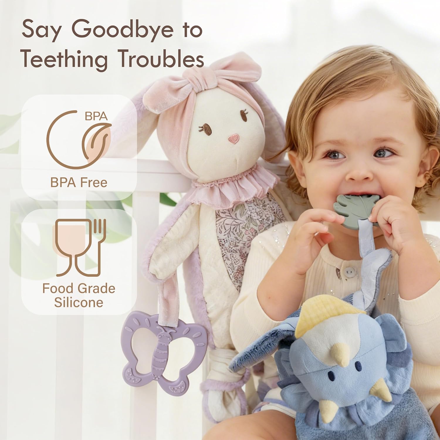 Moonkie Comforter Baby Rabbit with Silicone Teething Ring 3-in-1 Super Soft Cuddly Blanket Soothing Comfort Teething Relief Sensory Game Baby Gifts Girls from 0+ Months – Bild 3