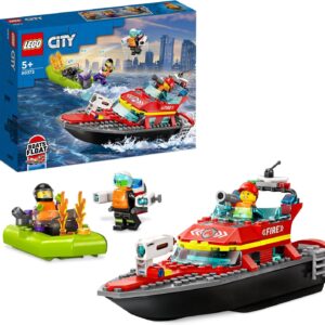 LEGO 60373 City Fire Brigade Boat, Toy, Floats in the Water, with Speedboat, 3 Mini Figures and Jet Pack, Fire Brigade Boat Toy, Gift Idea for Boys and Girls 5 Years and Up