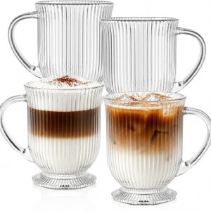KEMORELA Set of 4 Glass Cups 480 ml with Handle, Irish Groove Glasses for Hot and Cold Drinks, Dishwasher Safe