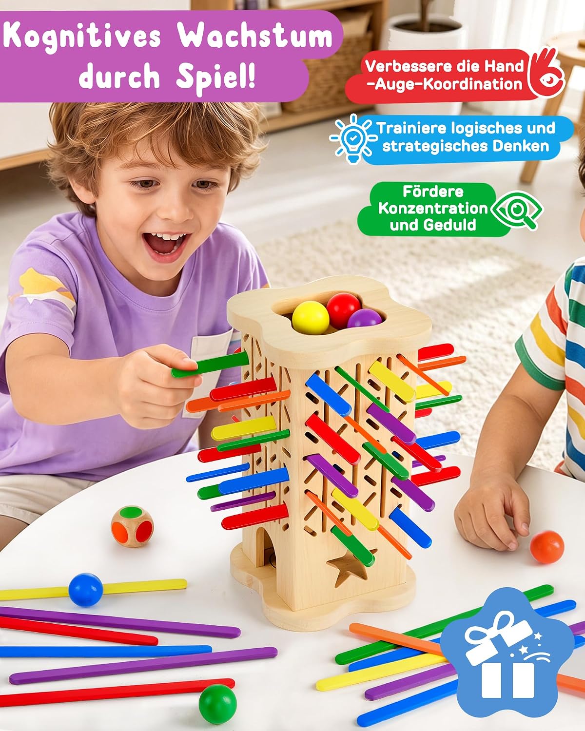 Montessori Wooden Board Game from 3-6 Years with Colourful Chopsticks & Ball – Bild 5