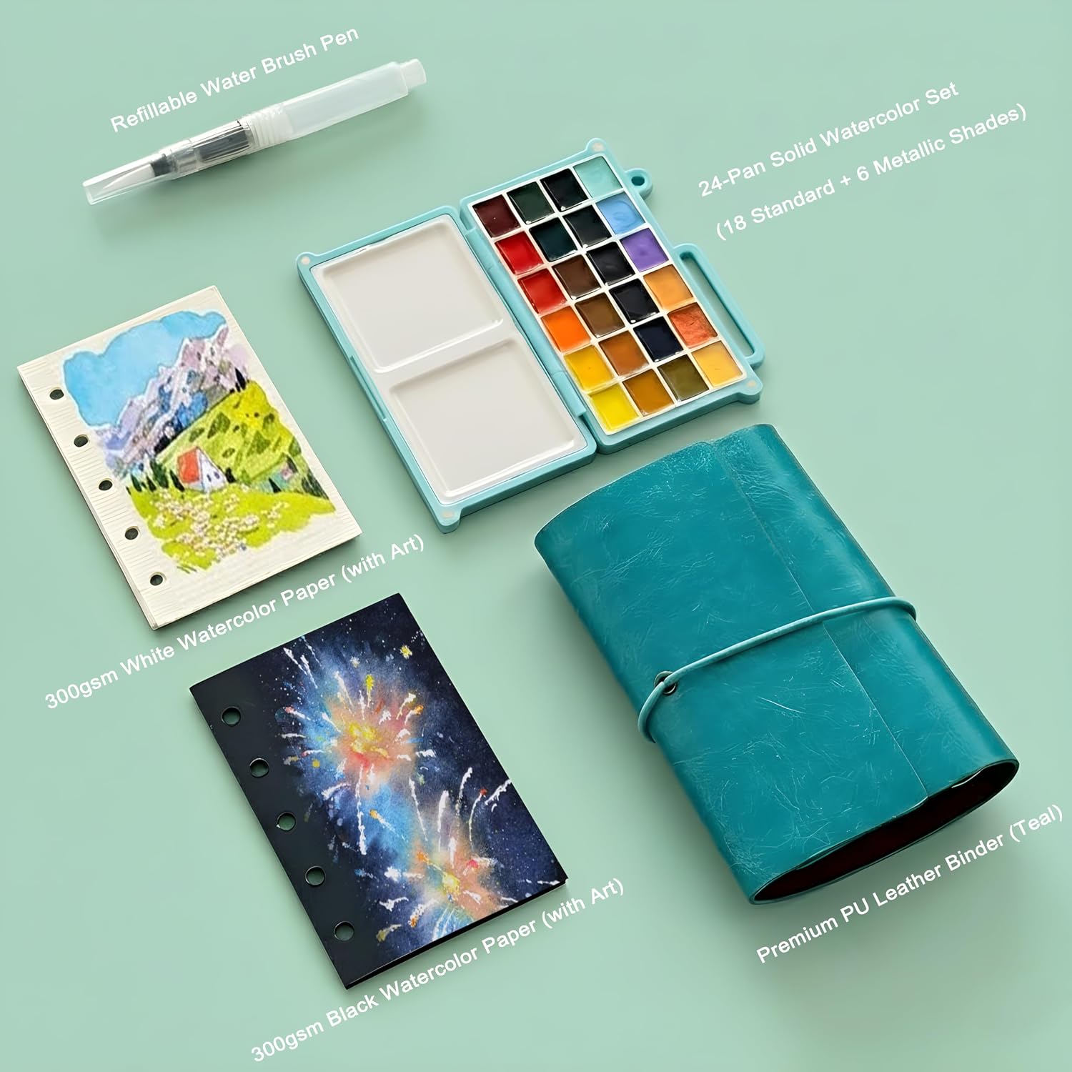 Tragbares Aquarellfarben-Set für Erwachsene, 24 Farben, Reise-Aquarell-Set mit Notizbuch (weiße und schwarze Seiten), nachfüllbarer Pinsel und Palette, All-in-One-Kunst-Set für Outdoor-Malerei – Bild 7