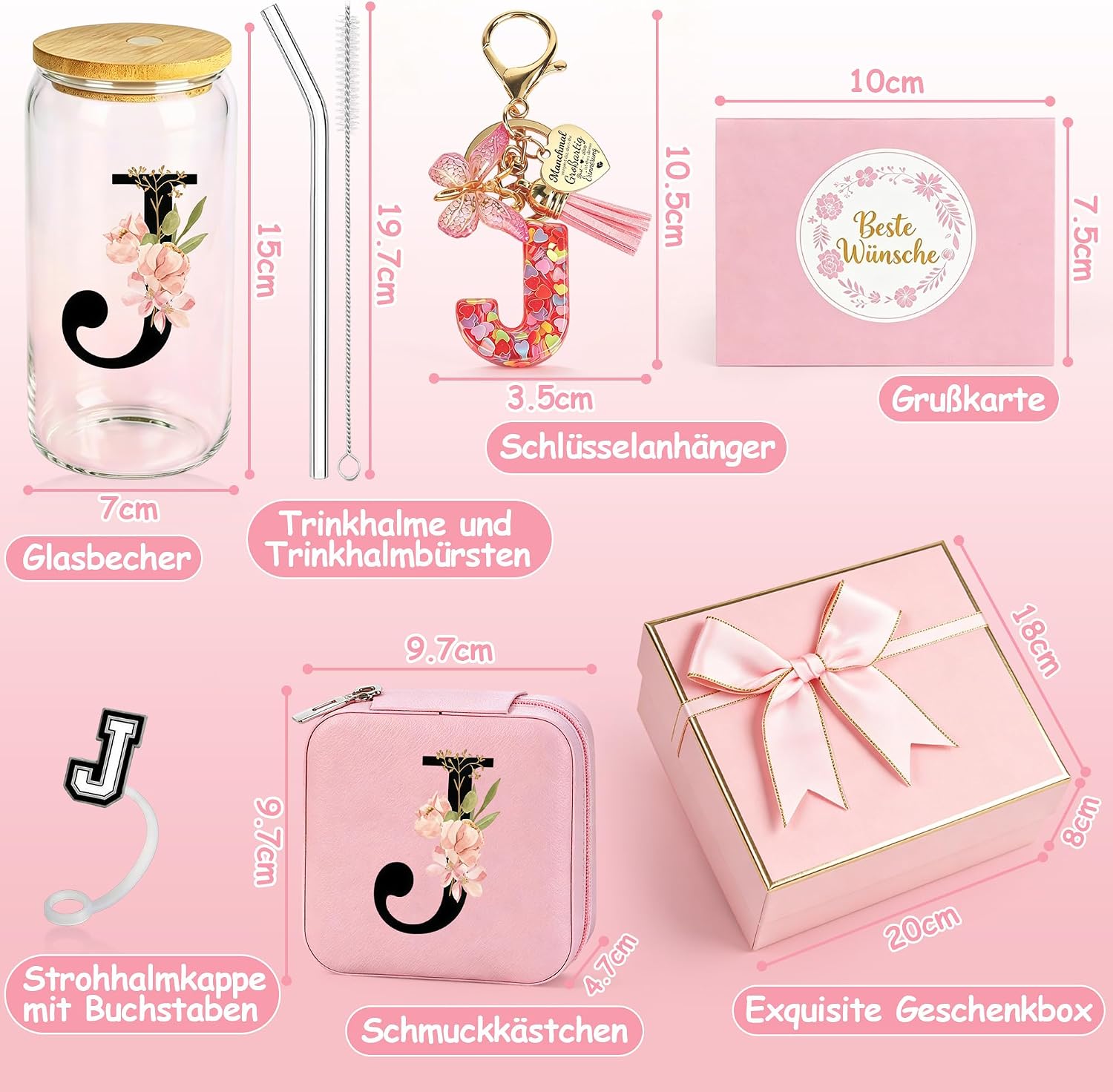 Personalised Gifts with Letters - Glass Mug with Lid and Straw, Keyring and Jewellery Box with Letter, Gift for Women for Birthday, Christmas, Valentine's Day (J) – Bild 3