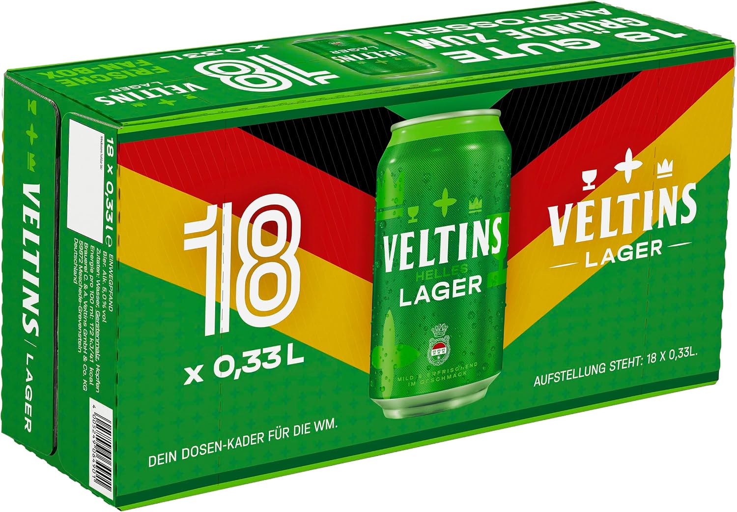 VELTINS Helles Lager World Cup Box, Disposable (18 x 0.33 L Tin)