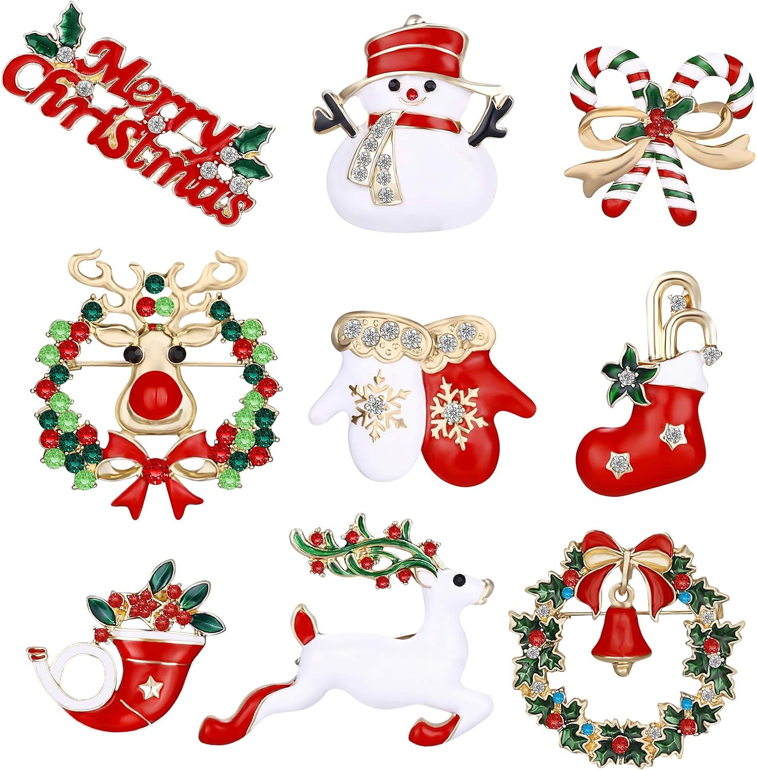 MELLIEX 9 Piece Christmas Brooches Pin Set Rhinestone Christmas Brooches Crystal Christmas Decoration for Clothes Gift Ornaments