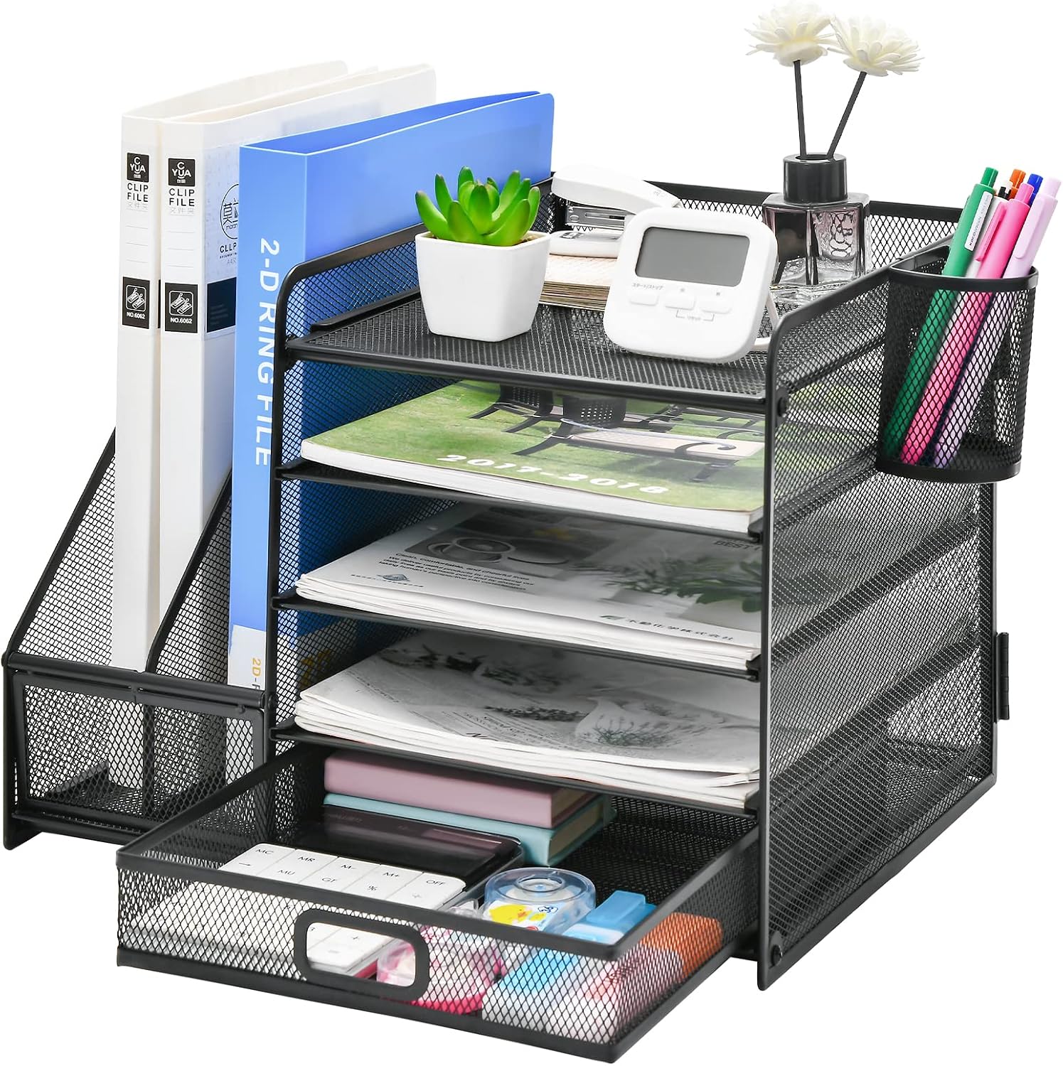 Marbrasse Desk Organiser with File Holder, 5 Tier Paper Letter Tray with Drawer and 2 Pen Holders, Desk Mesh Storage Compartments Organiser with for Office Supplies (Black) – Bild 3