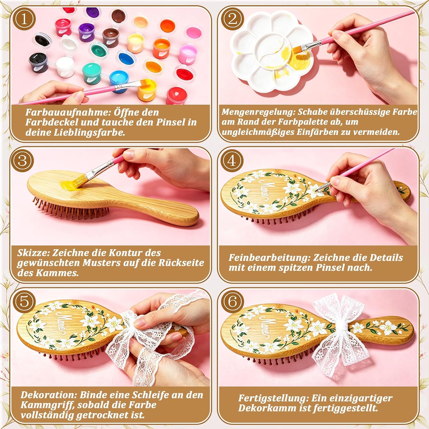 DIY Bamboo Hair Brush, 26 Hair Brushes, DIY Hair Brush for Painting, with 6 Hair Combs, 6 Brushes, 6 Pigments, 6 Palettes, Lace Ribbon for DIY Gift, Wedding Gift – Bild 3
