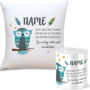 OWLBOOK Boho Owl Gift Set Children's Money Box and Pillow Personalised with Name Gifts Gift Ideas for Children Baby Boy Girl for Birthday Christmas Enrolment Christening Birth Piggy Bank