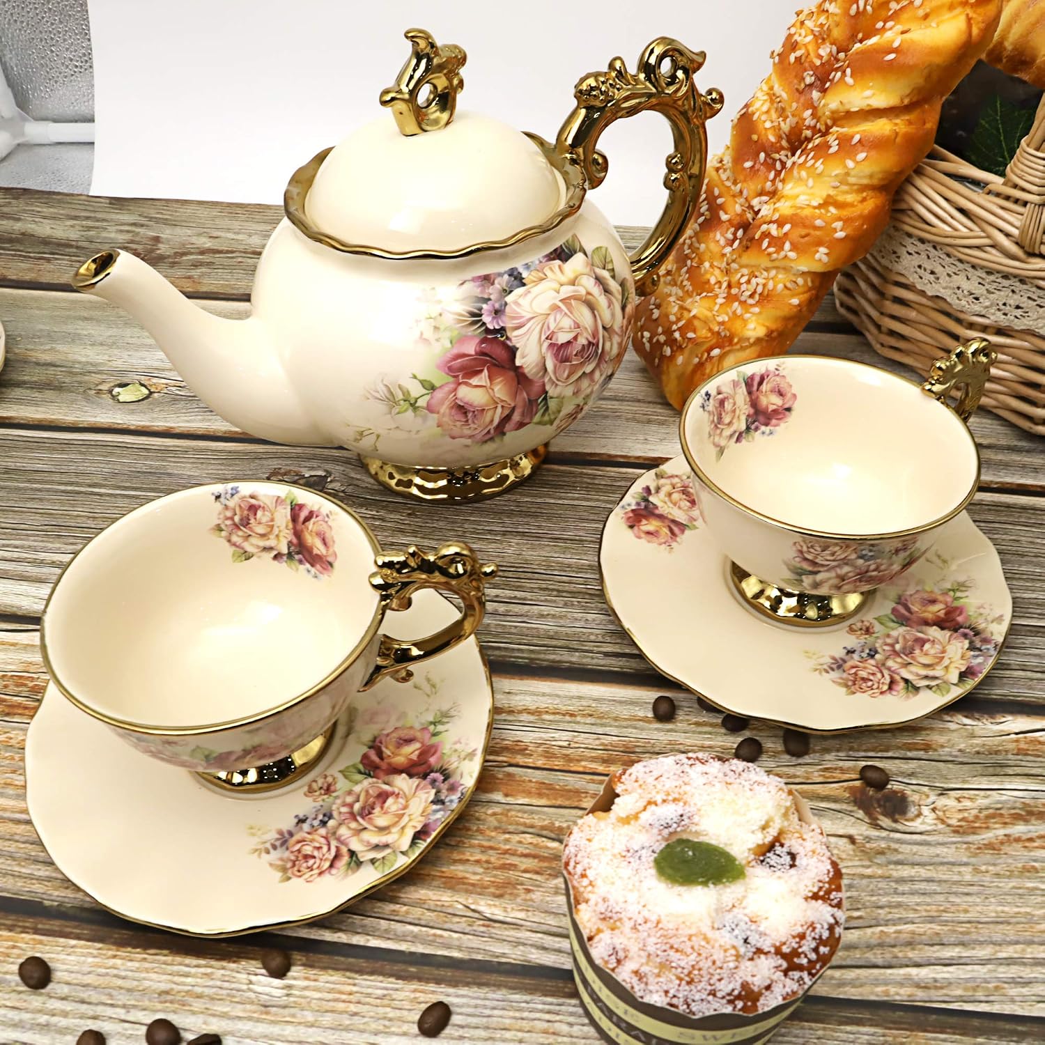 fanquare 15 Pieces Rose Flowers English Ceramic Tea Sets, Vintage China Coffee Set, Tea Service for Adults – Bild 4