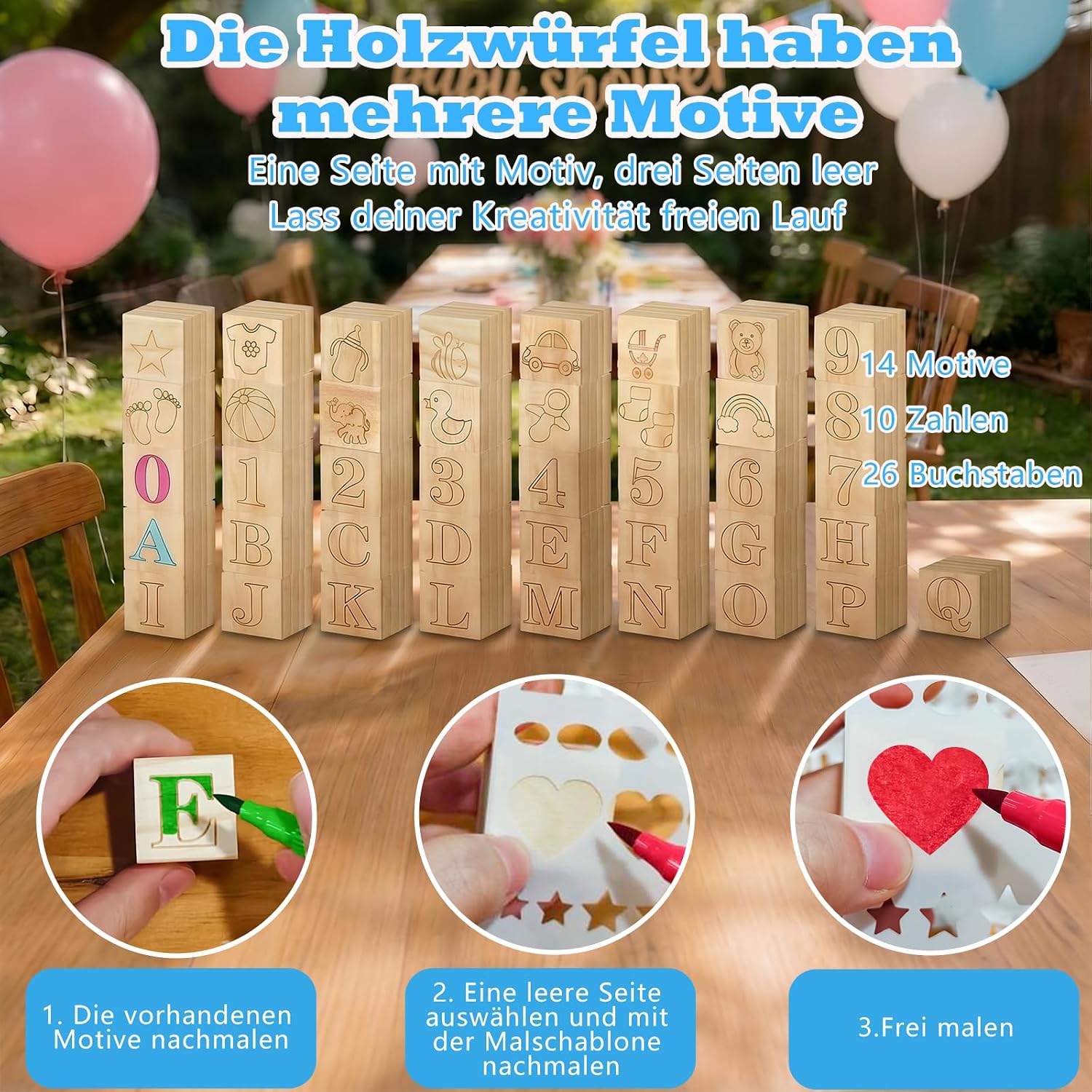 Baby Shower Games Set, 81-Piece Building Blocks Painting, Baby Shower Guest Book for Painting, Stacking, Building & Painting for Baby Shower & Gender Reveal, Wooden Cube Gift Idea for Boys & Girls – Bild 3